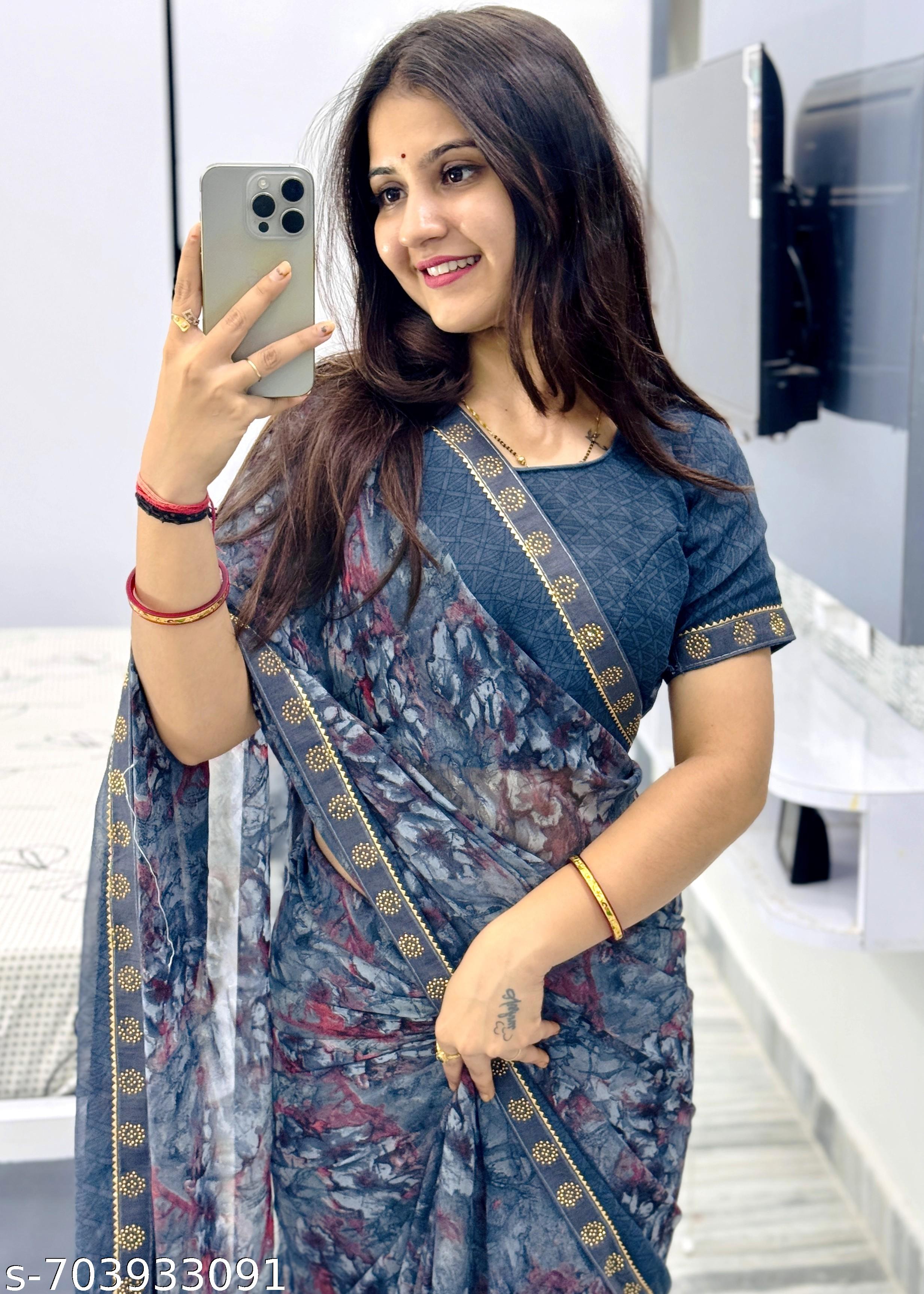 Georgette Printed Saree with Lace Border - Unixkart - View 4