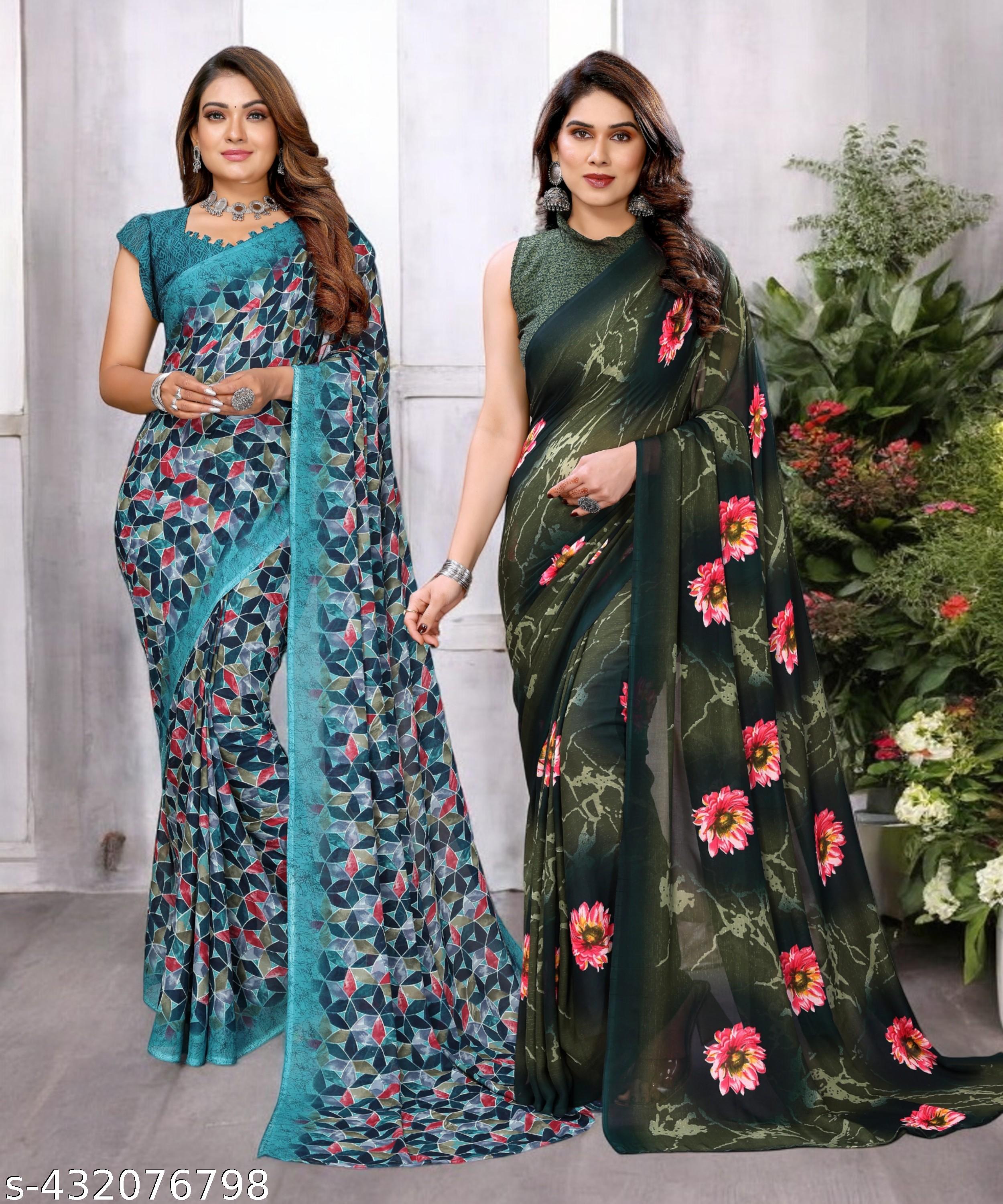 Combo Saree, Daily Wear Georgettete Sarees with Blouse Piece (Pack of 2) - Unixkart - View 4