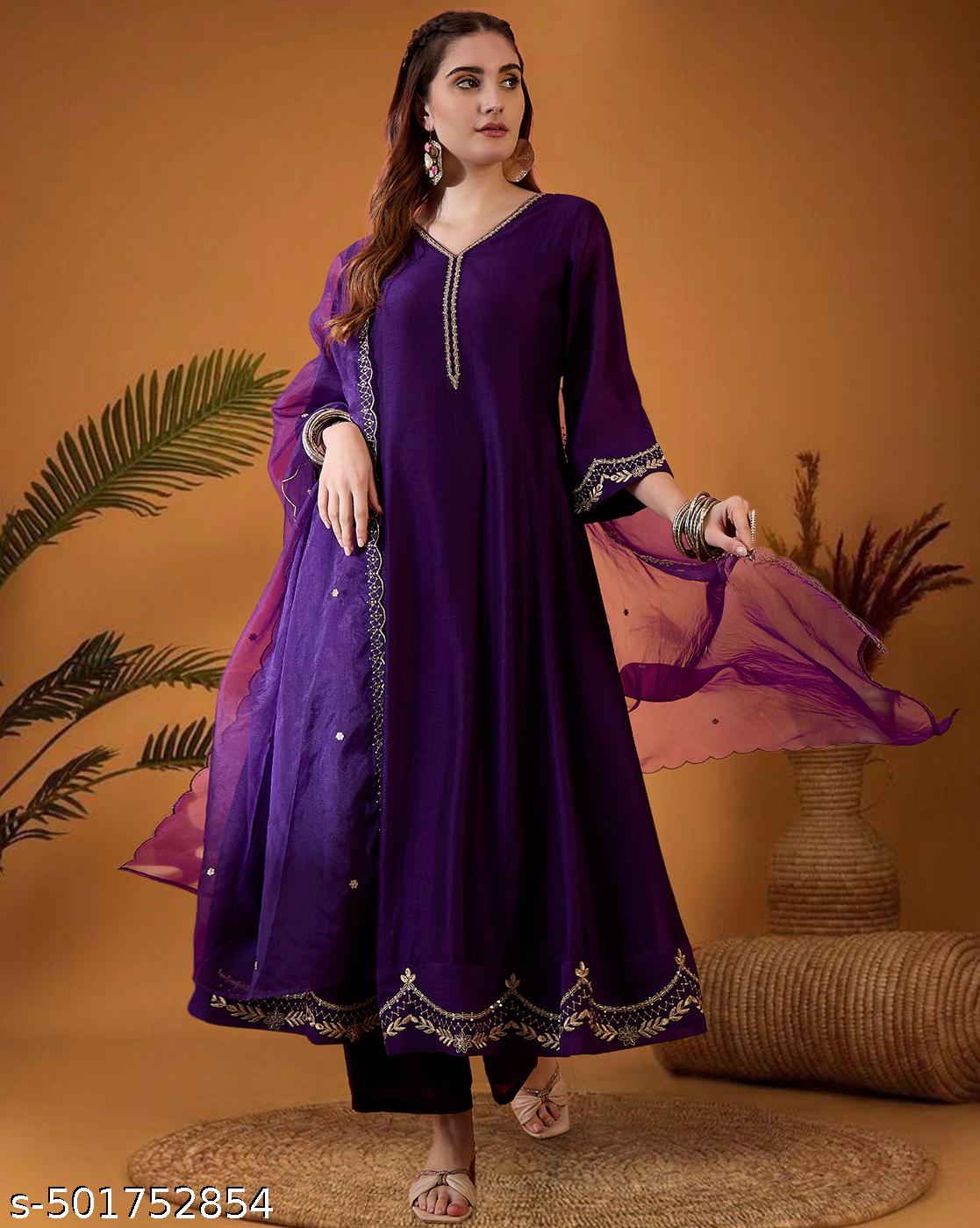 KVSFAB Purple Vichitra Zari Sequence Embroidered Kurta With Pant And Organza Dupatta