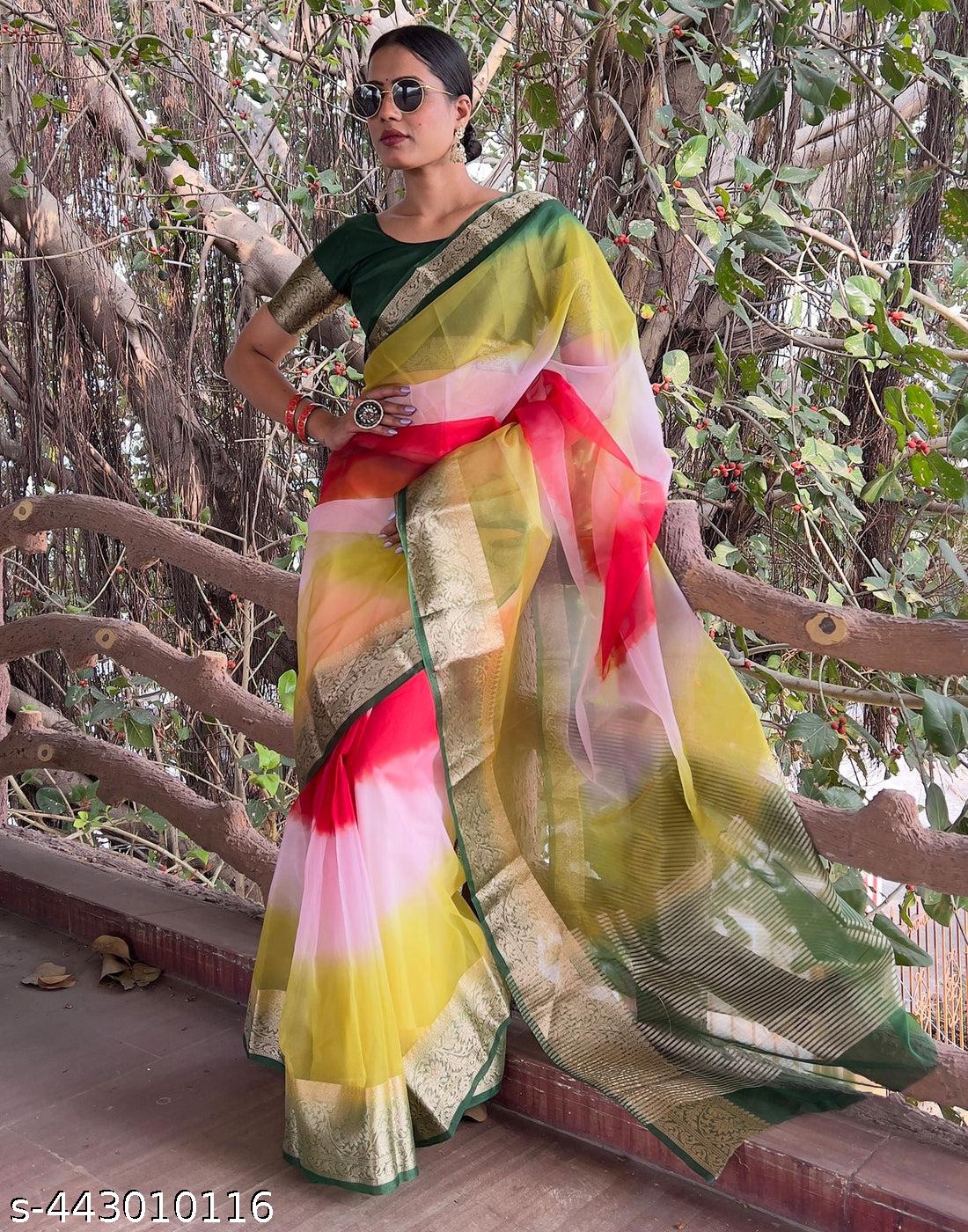Organza Multicolour 3D Fancy Saree - Unixkart - View 4