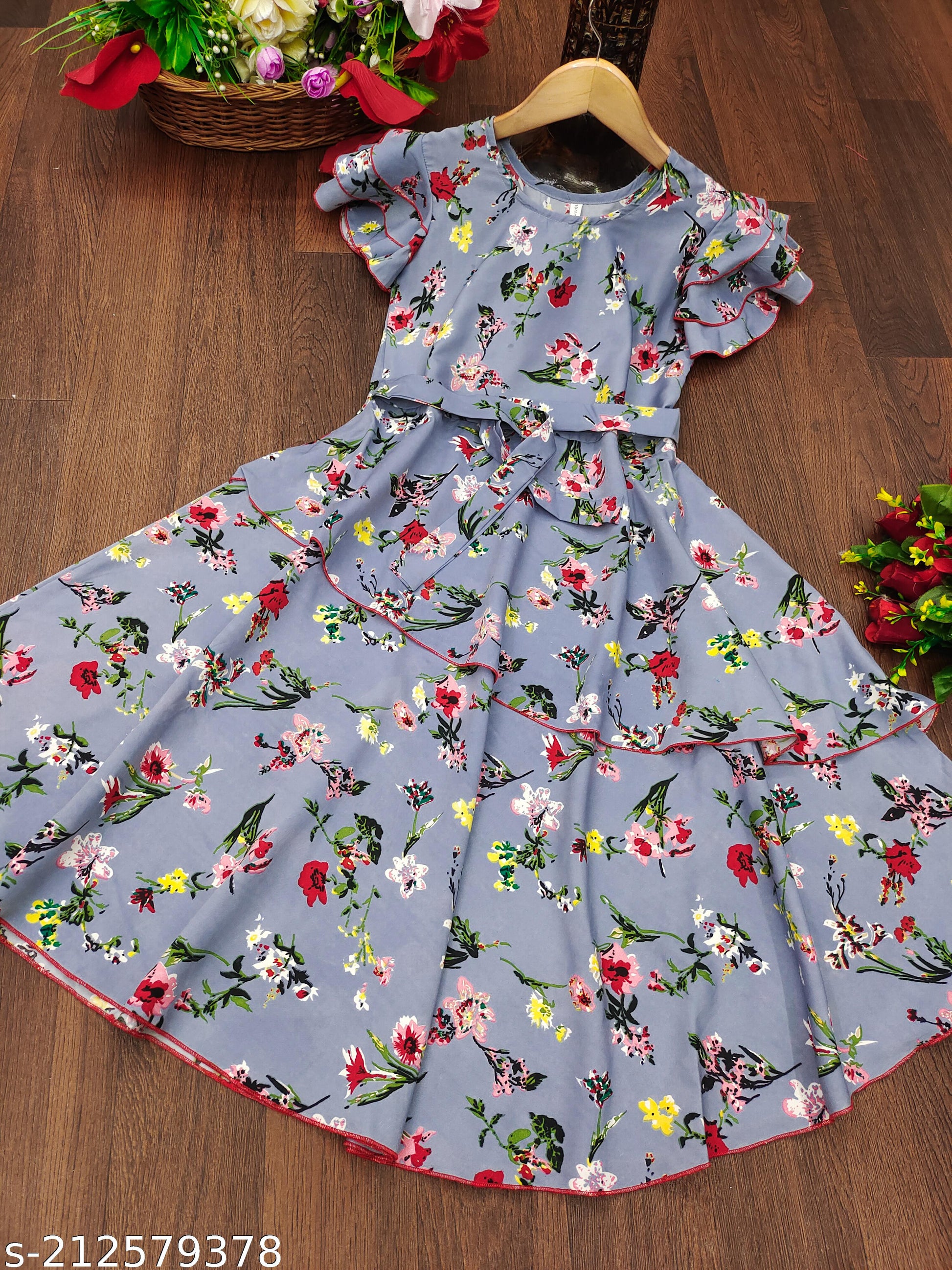 Girls Grey & Red Floral Print Layered Dress - Unixkart - View 4