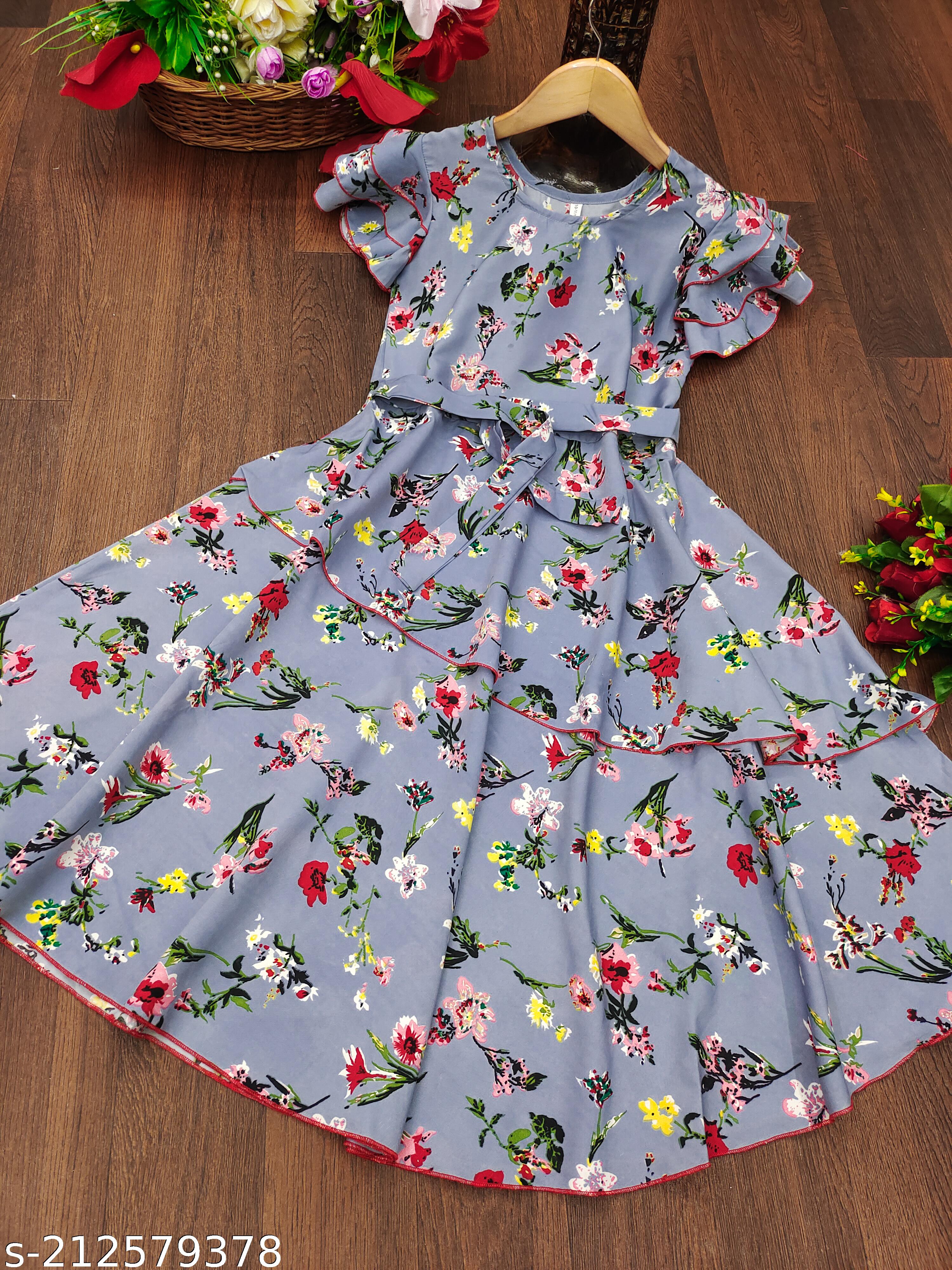 Girls Grey & Red Floral Print Layered Dress - Unixkart - View 4