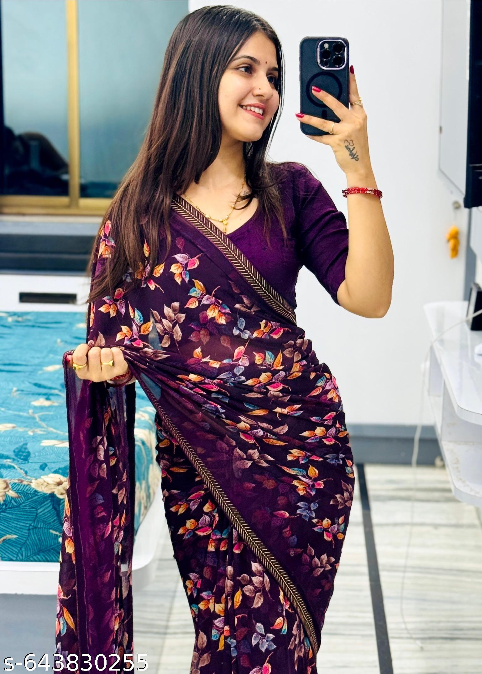 Georgette Printed Saree with Lace Border - Unixkart - View 4