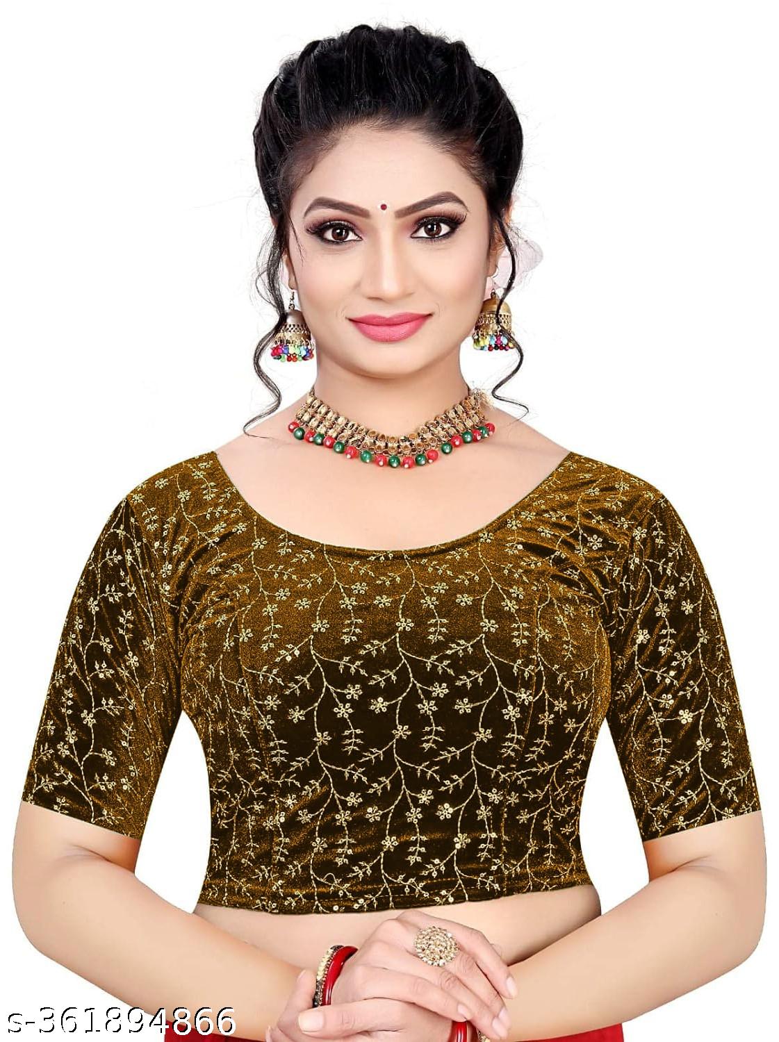 Golden Sequin Embroidery Stretchable Soft Velvet Partywear Blouse - Unixkart - View 4