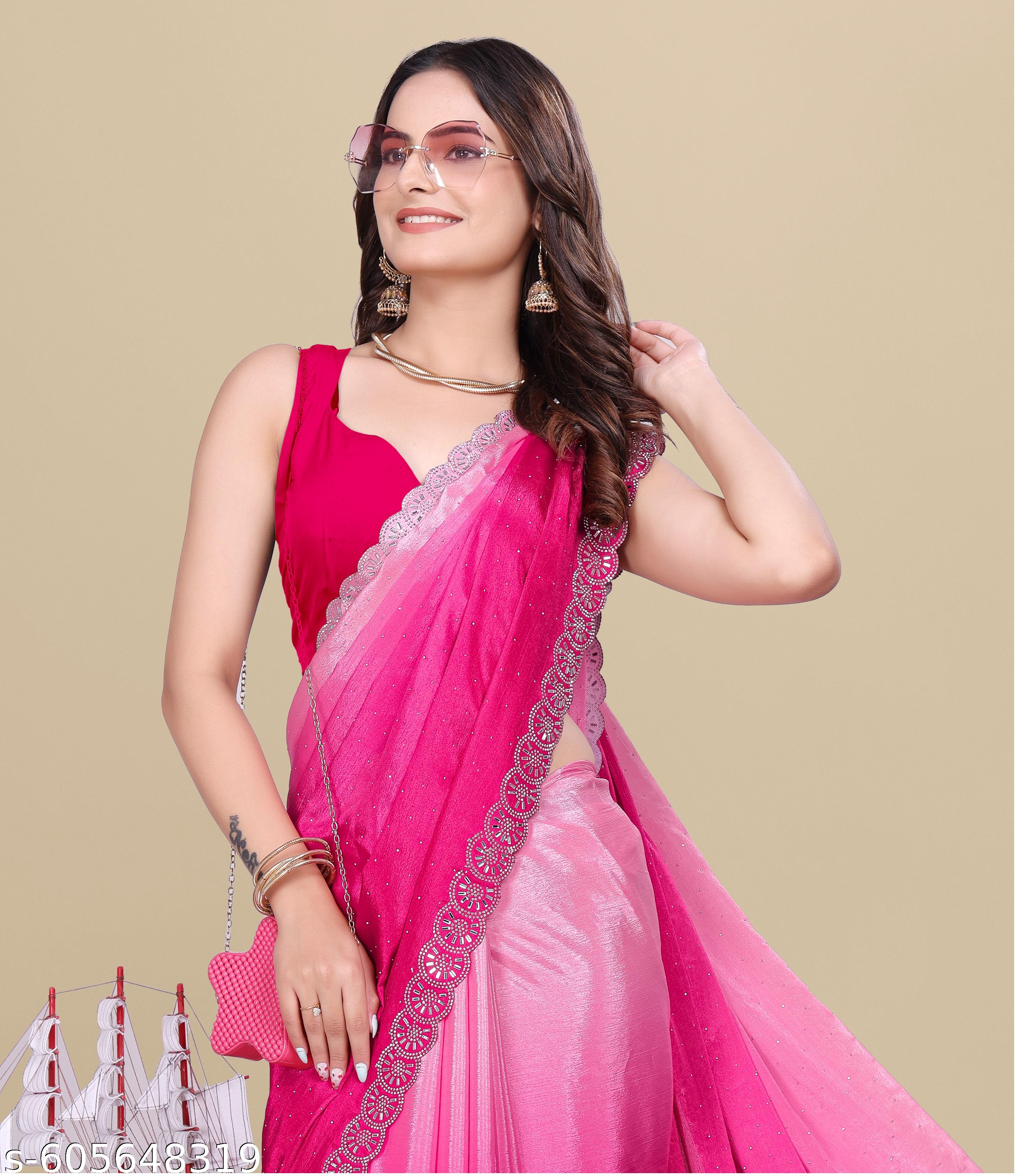trendy georgette fabric saree with hotfix diamondwork pattern , georgette sarees , solid party wear - Unixkart - View 4