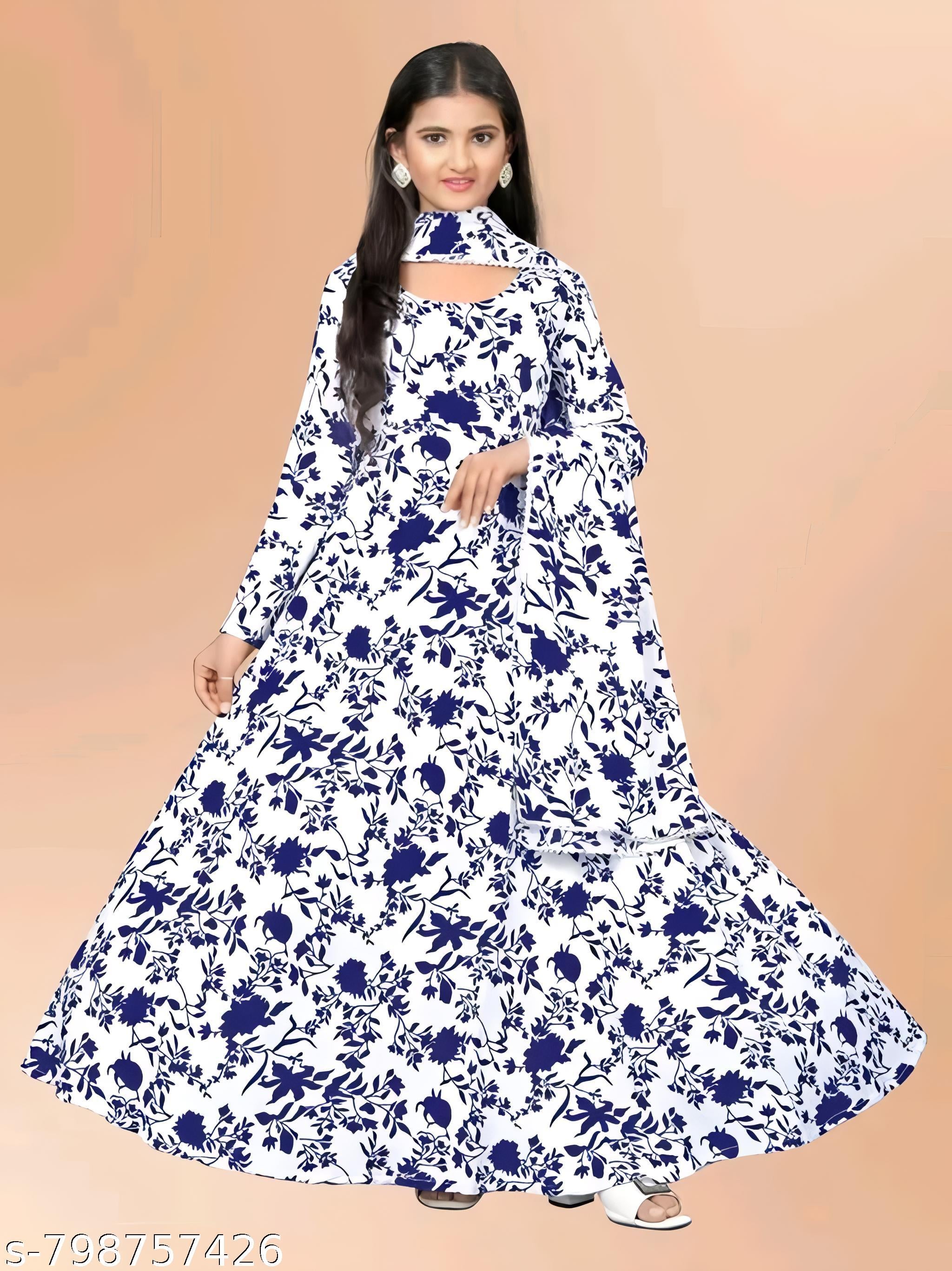 Girls Floral Print Long Anarkali Gown - Unixkart - View 4