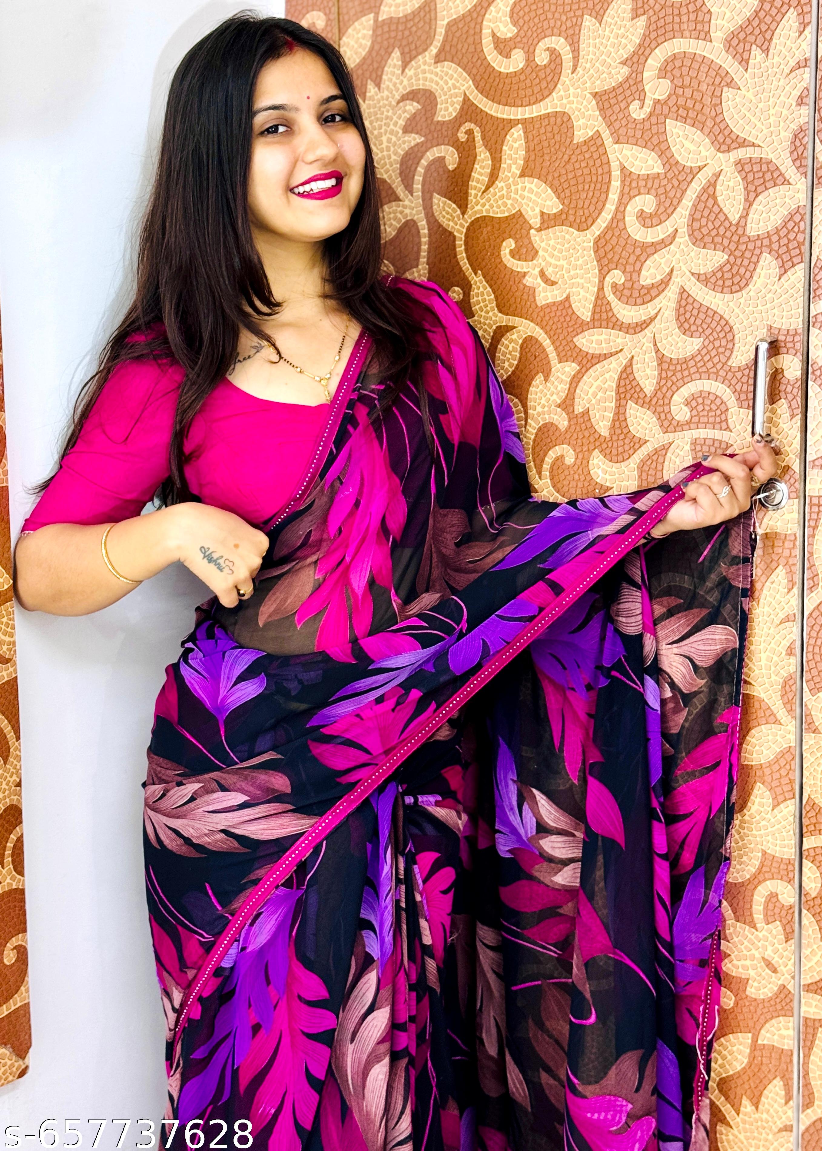 Pink Weightless Printed Georgette Party Saree - Unixkart - View 4