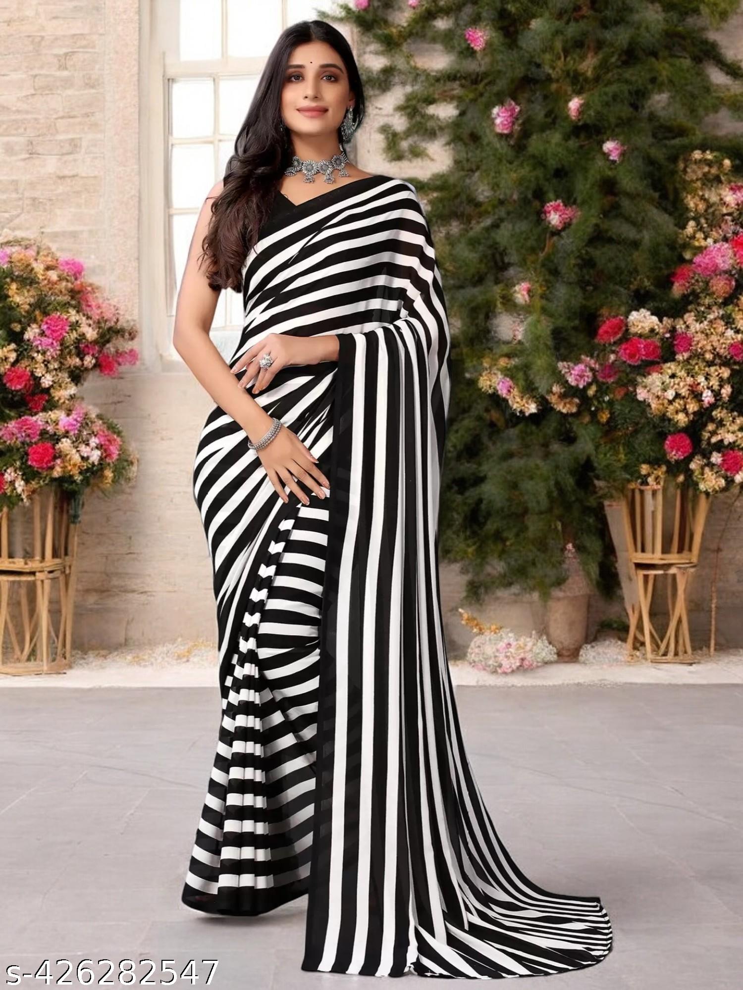 Women's Bollywood Zebra Printed Black Georgettete Saree - Unixkart