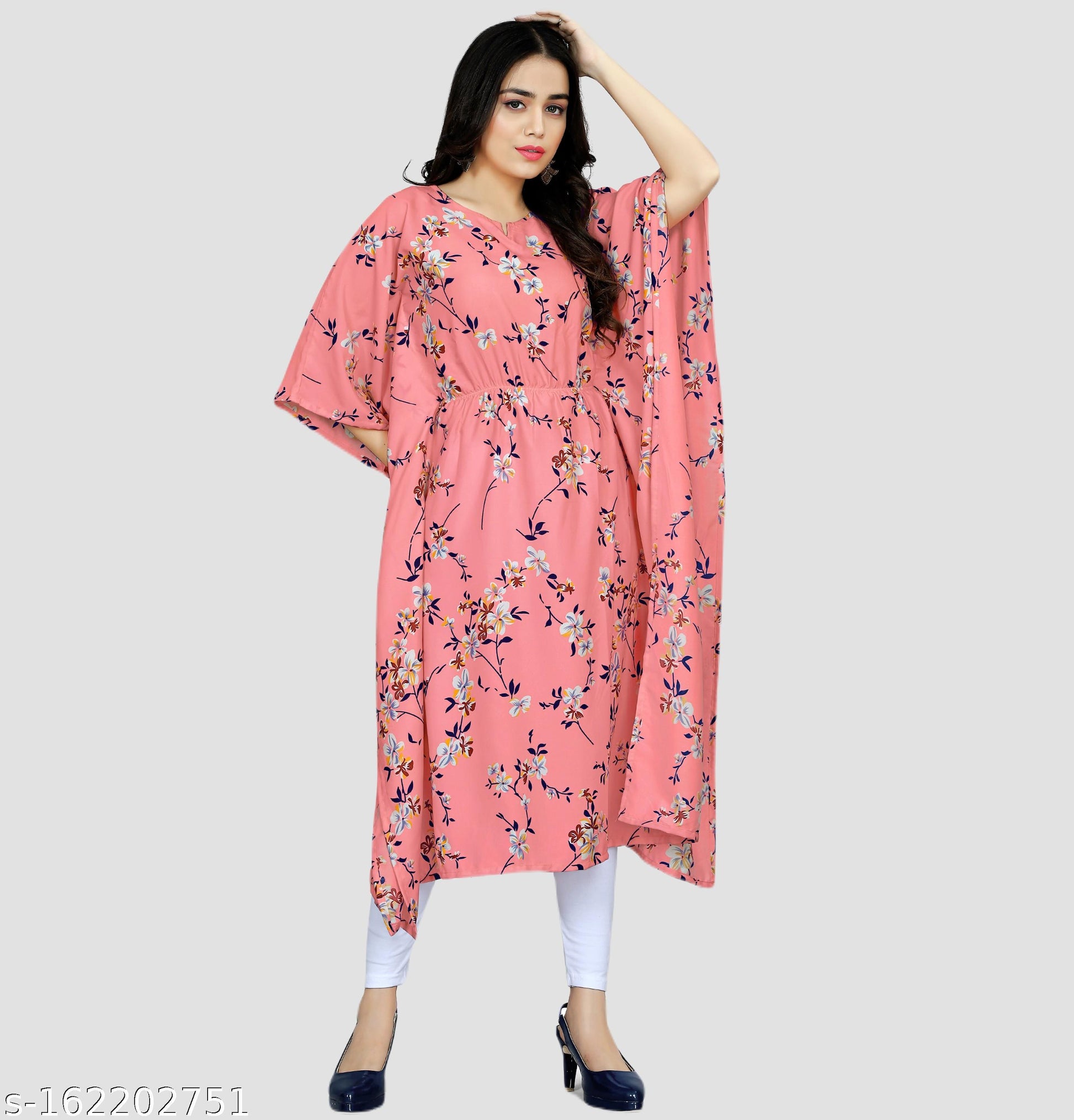 Women's Pink & White Floral Print Kaftan Dress - Unixkart - View 4