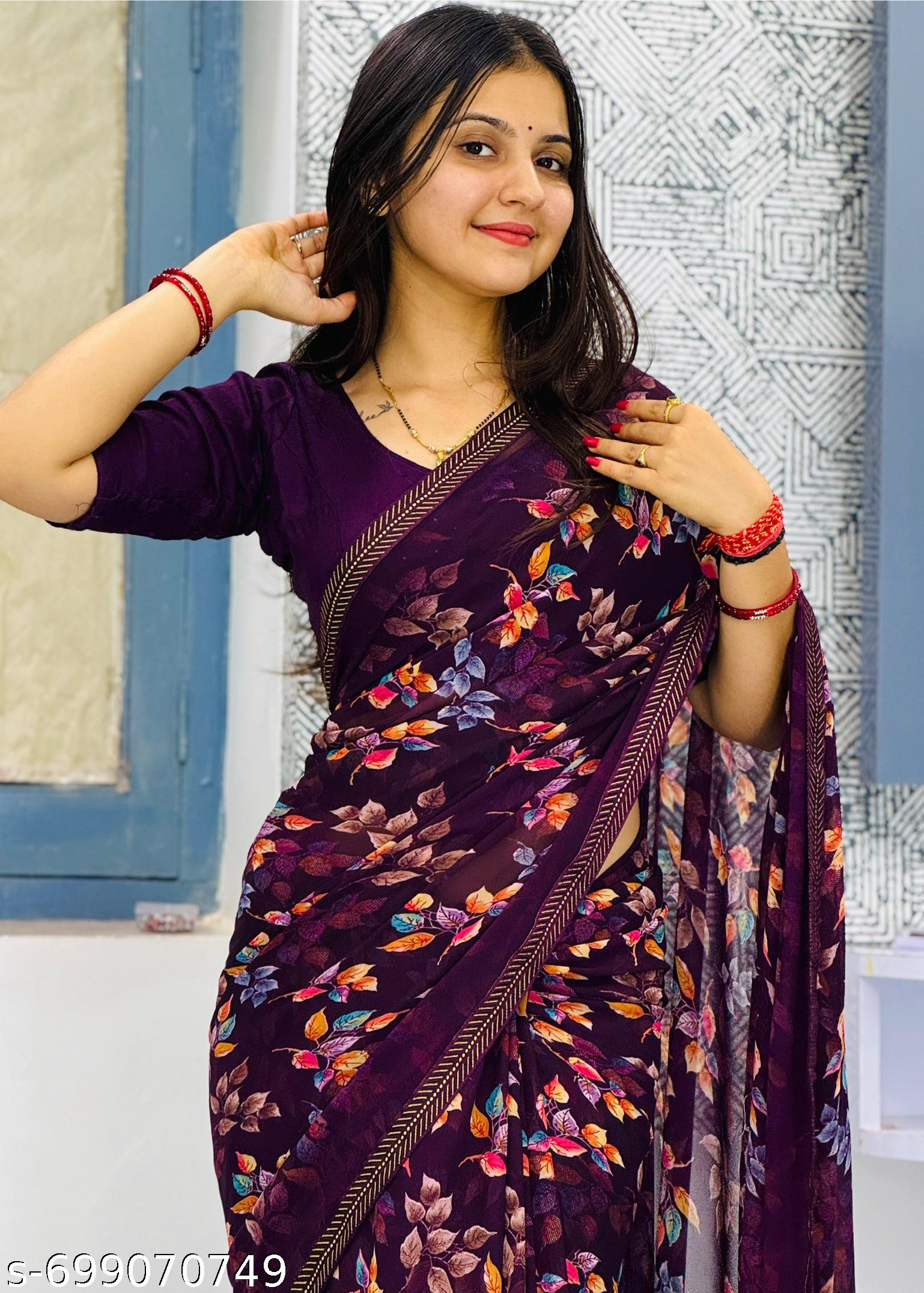 Georgette Printed Saree with Lace Border - Unixkart - View 4