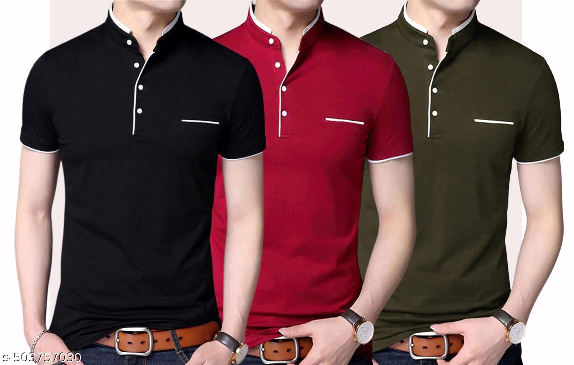 Men's Mandarin Collar Half Sleeve T-Shirt Combo Pack of 3 - view 4