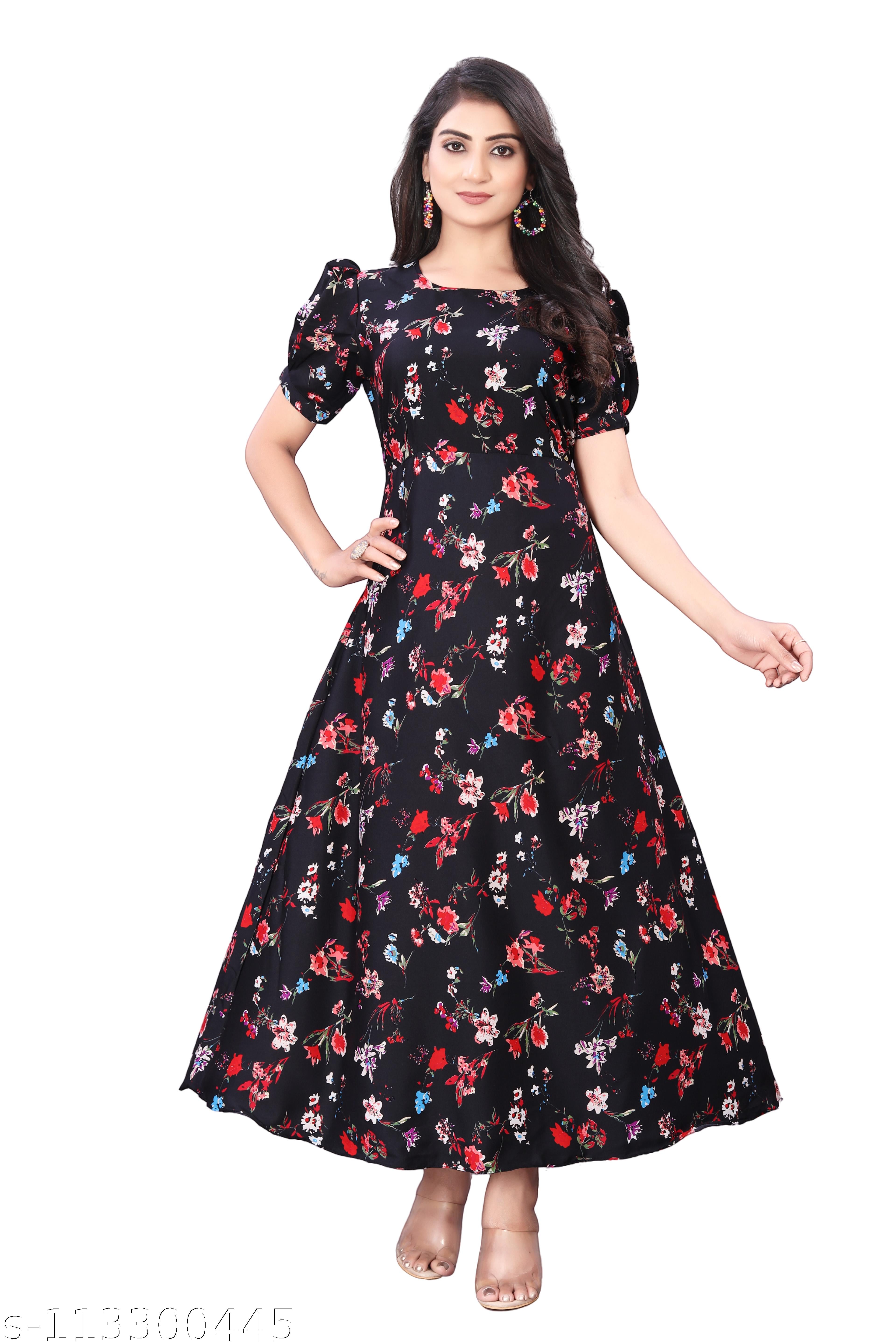 Women's Black & Red Puffed Sleeve Maxi Dress - Unixkart - View 4
