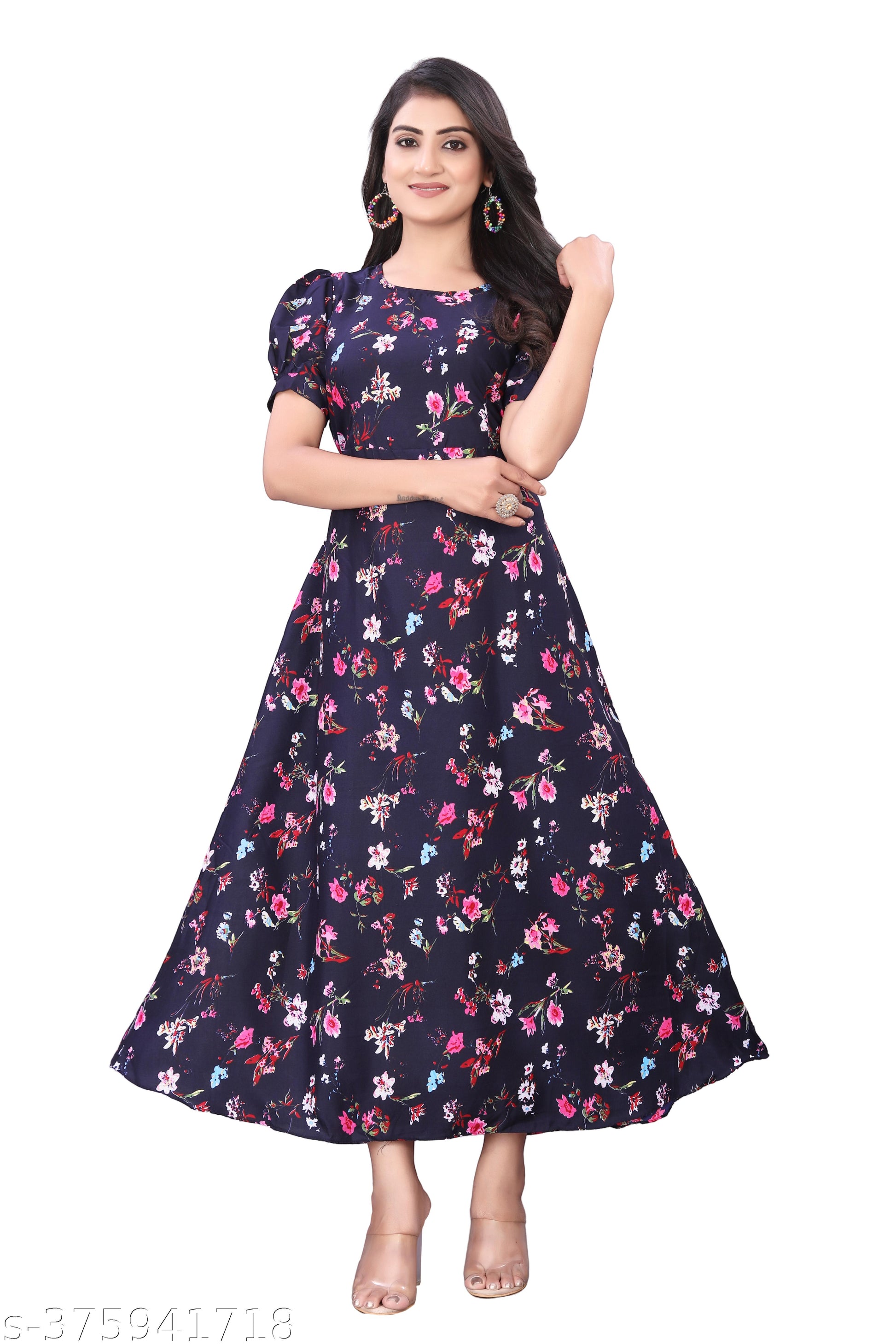 Women's Navy Blue & Pink Puffed Sleeve Maxi Dress - Unixkart - View 4