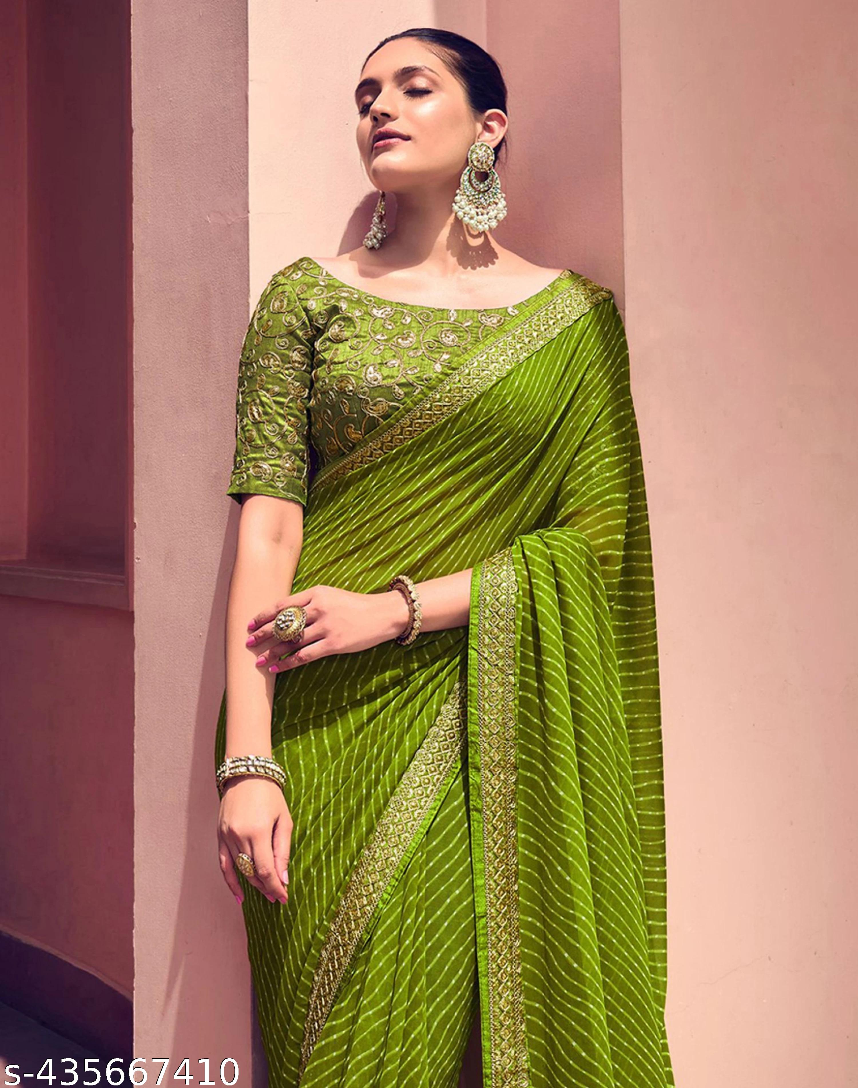 Women's Leheriya, Bandhani Printed Embroidered Green Pure Georgettete Saree With Heavy Work Blouse - Unixkart - View 4