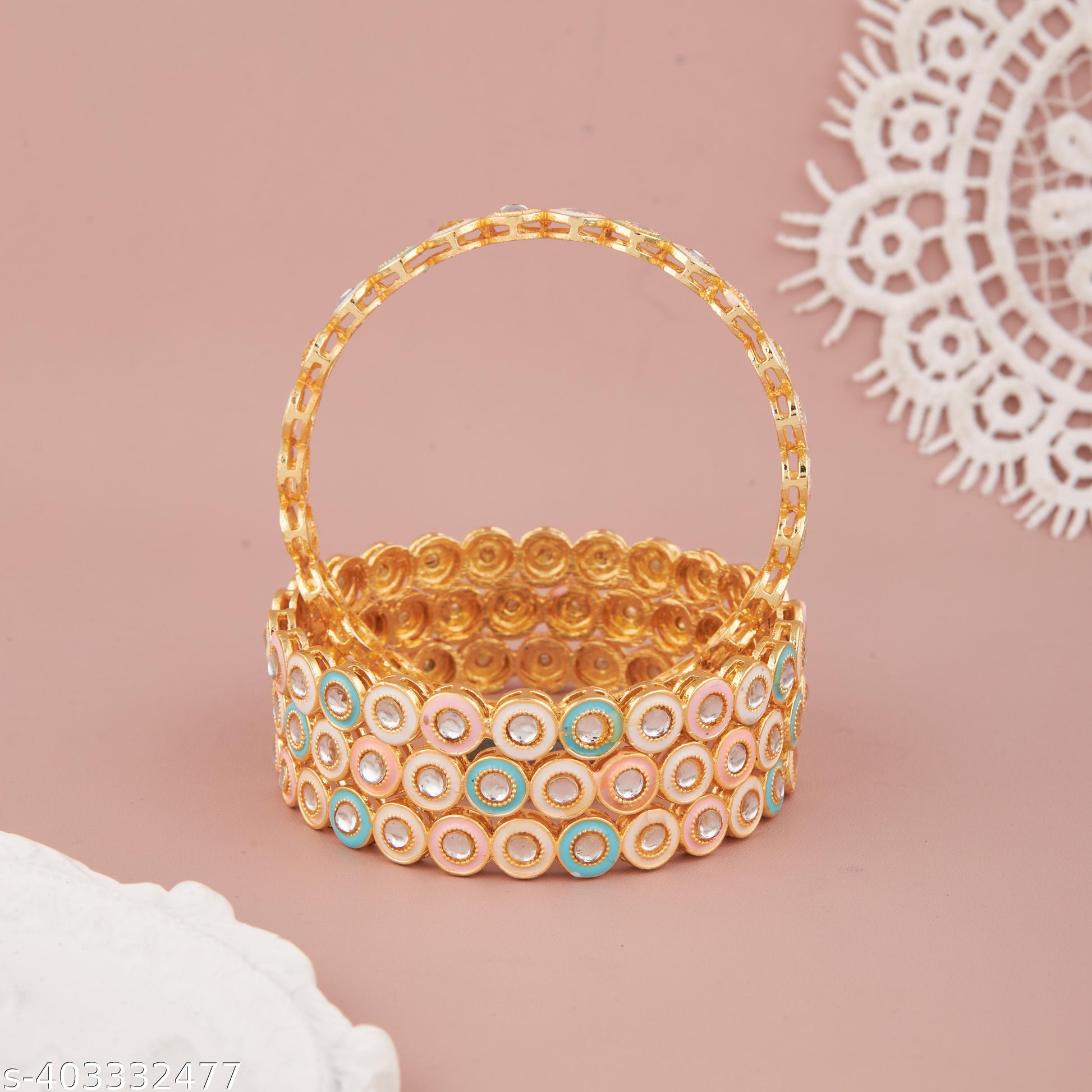 New Latest Elegant Handmade Pink Mint Kundan Design Handcrafted Gold Plated Kundan Bangle Set For Wo - Unixkart - View 4