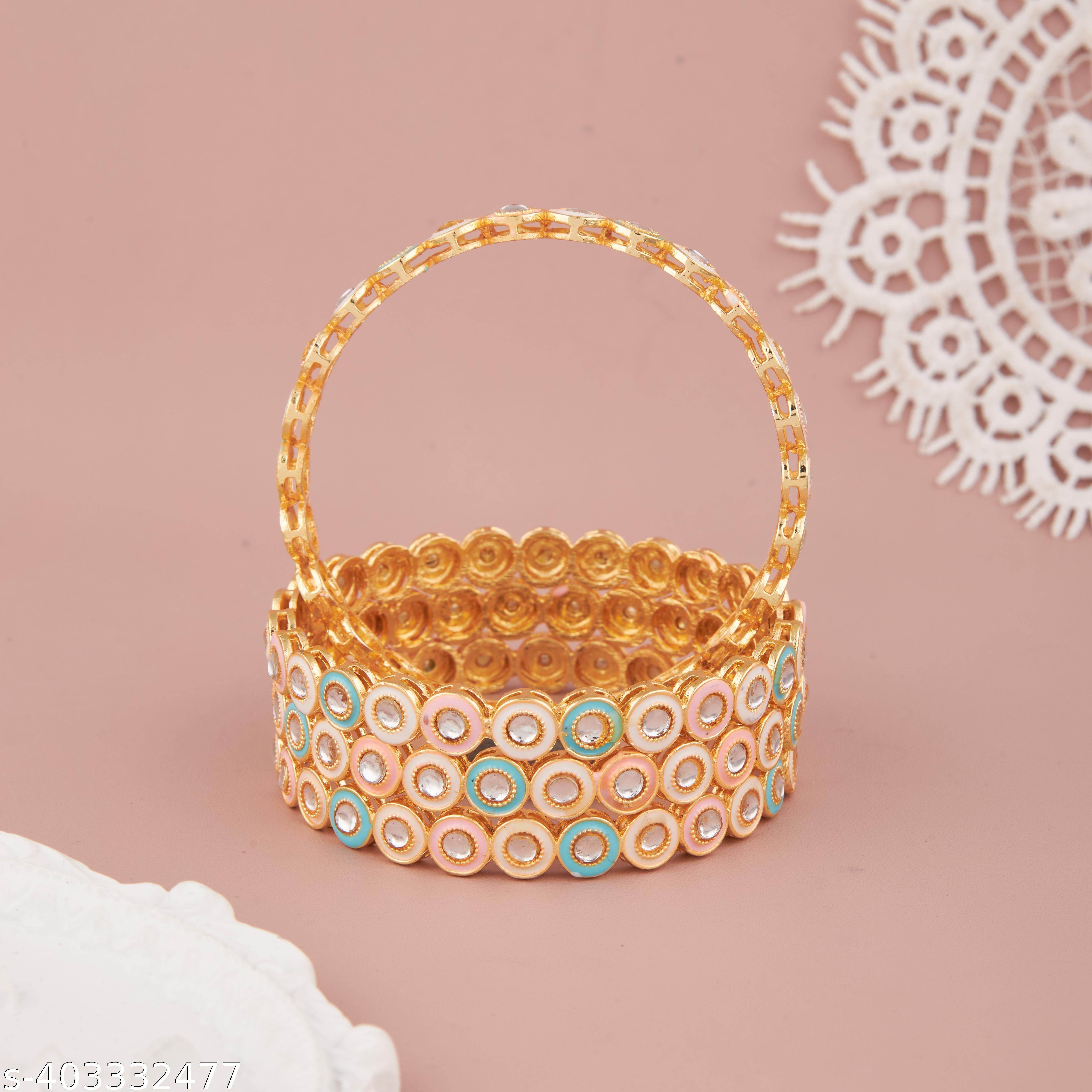 New Latest Elegant Handmade Pink Mint Kundan Design Handcrafted Gold Plated Kundan Bangle Set For Wo - Unixkart - View 4