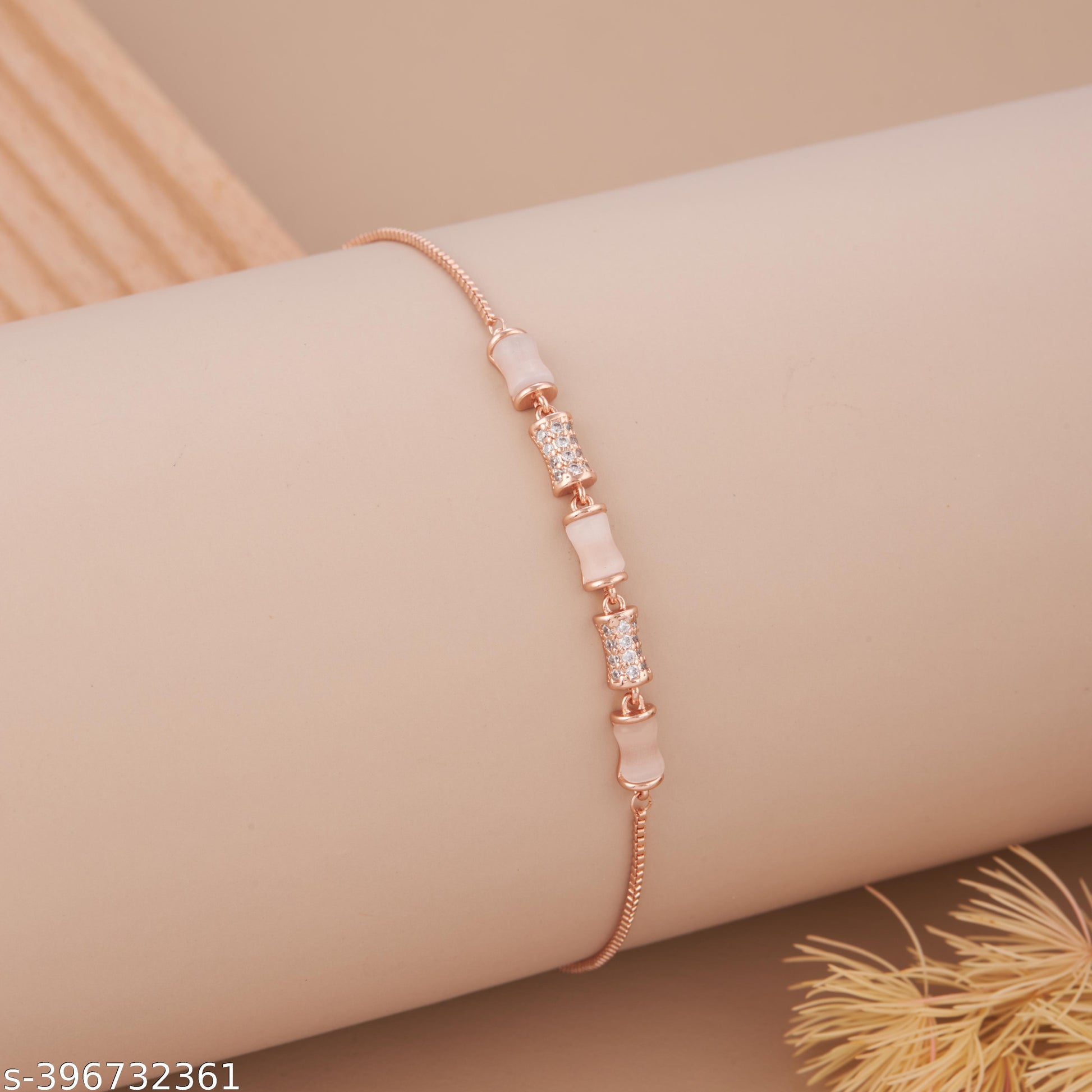 Elegant Rose Gold-Plated Cylinder Bead Bracelet with American Diamond Accents for Women and Girls - Unixkart - View 4