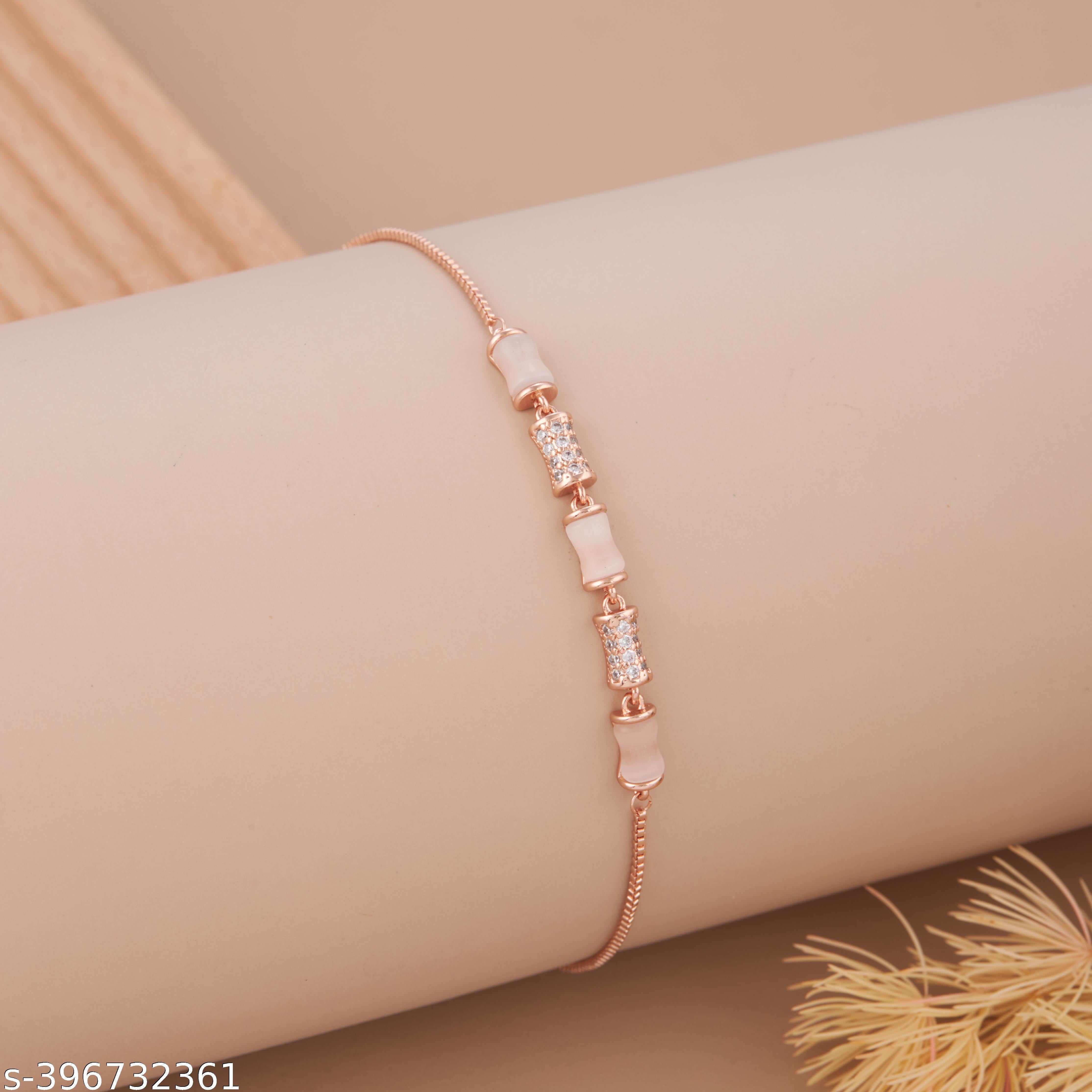 Elegant Rose Gold-Plated Cylinder Bead Bracelet with American Diamond Accents for Women and Girls - Unixkart - View 4