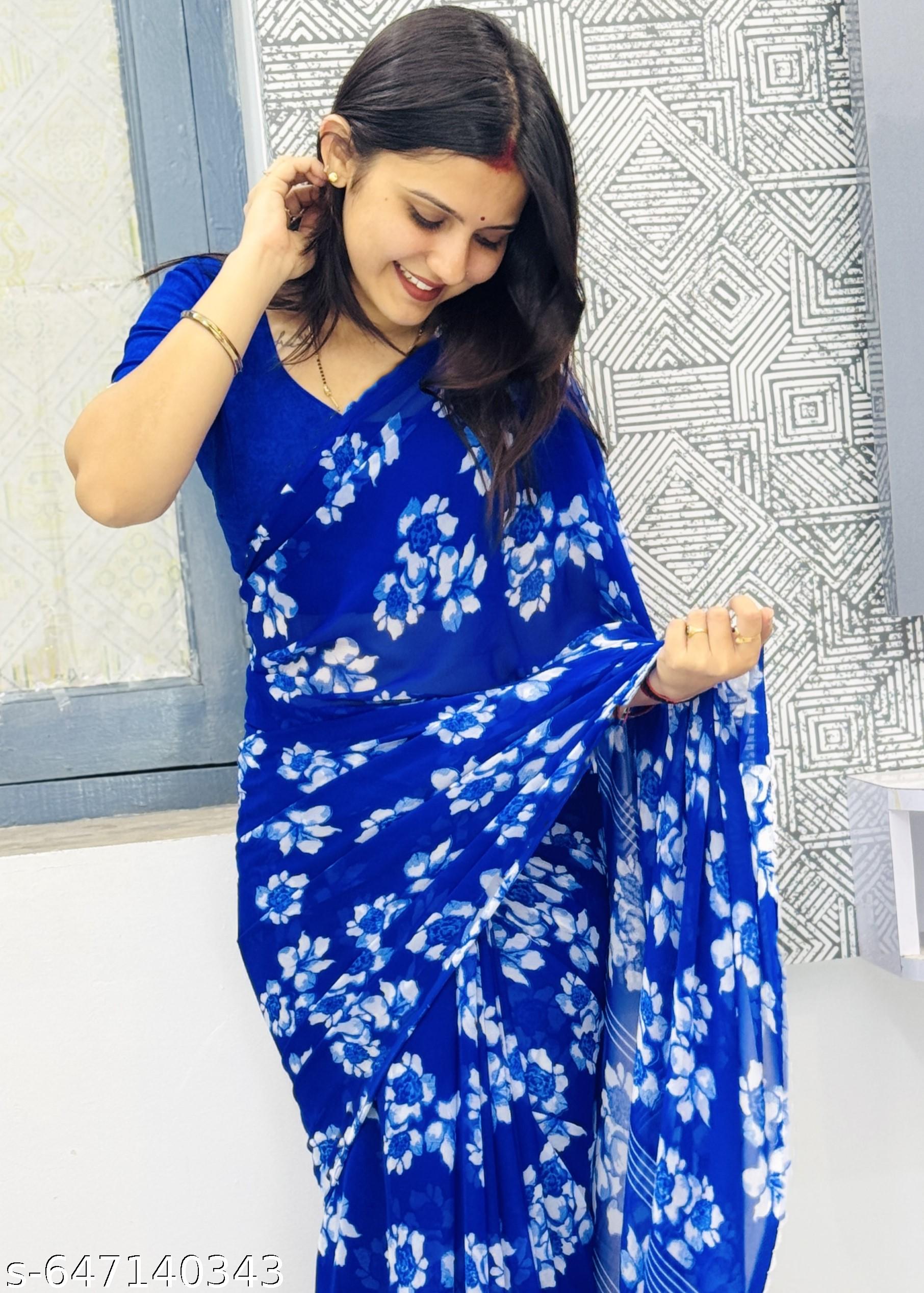 Blue Weightless Printed Georgette Saree - Unixkart - View 4