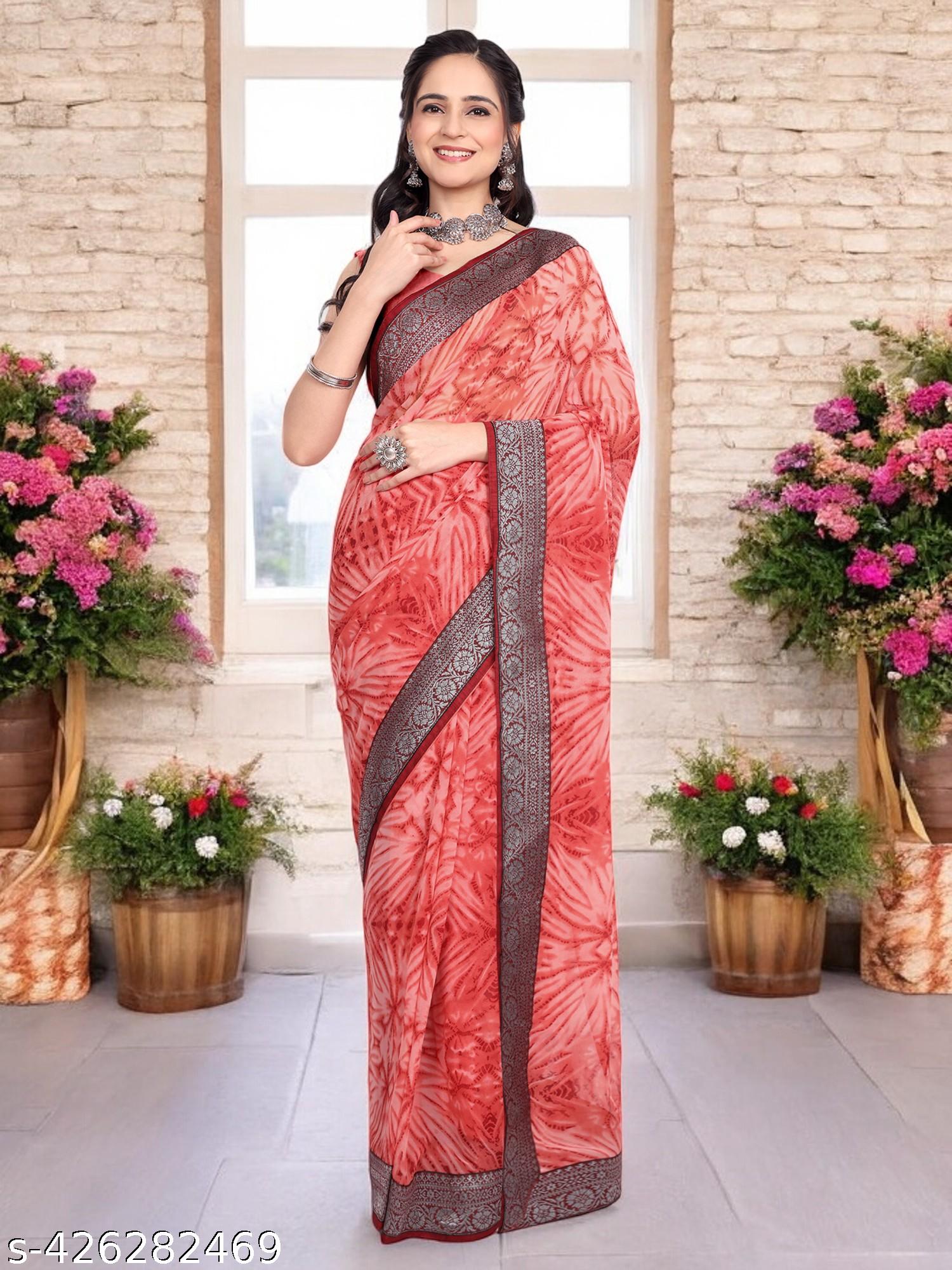 Women's Bollywood Abstract Printed Red Georgettete Saree - Unixkart - View 4