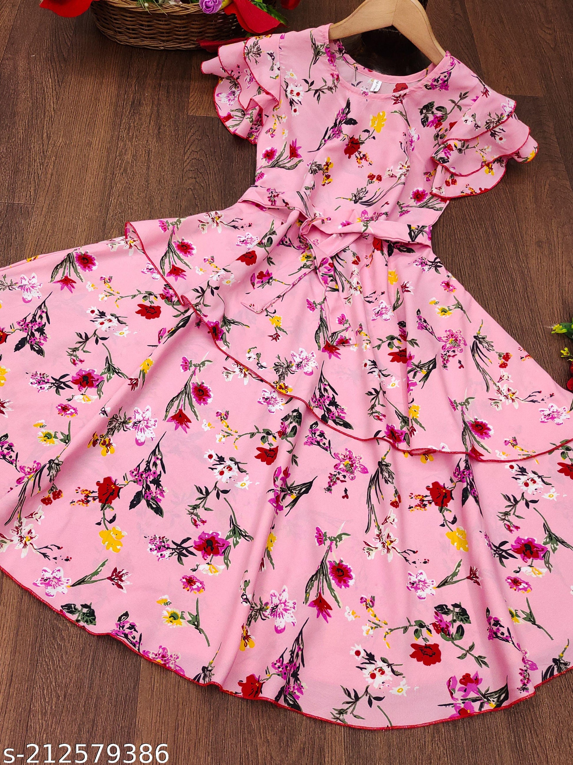 Girls Pink & Red Floral Print Layered Dress - Unixkart - View 4