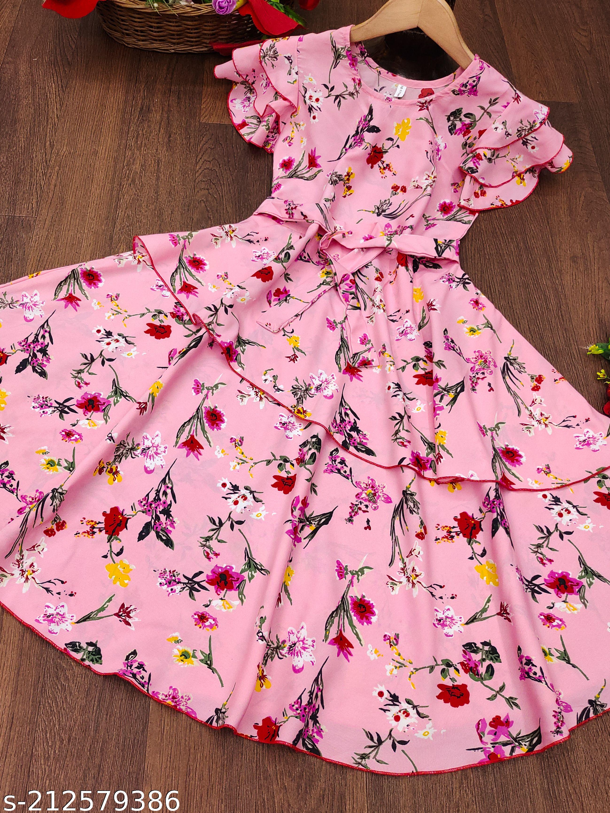 Girls Pink & Red Floral Print Layered Dress - Unixkart - View 4