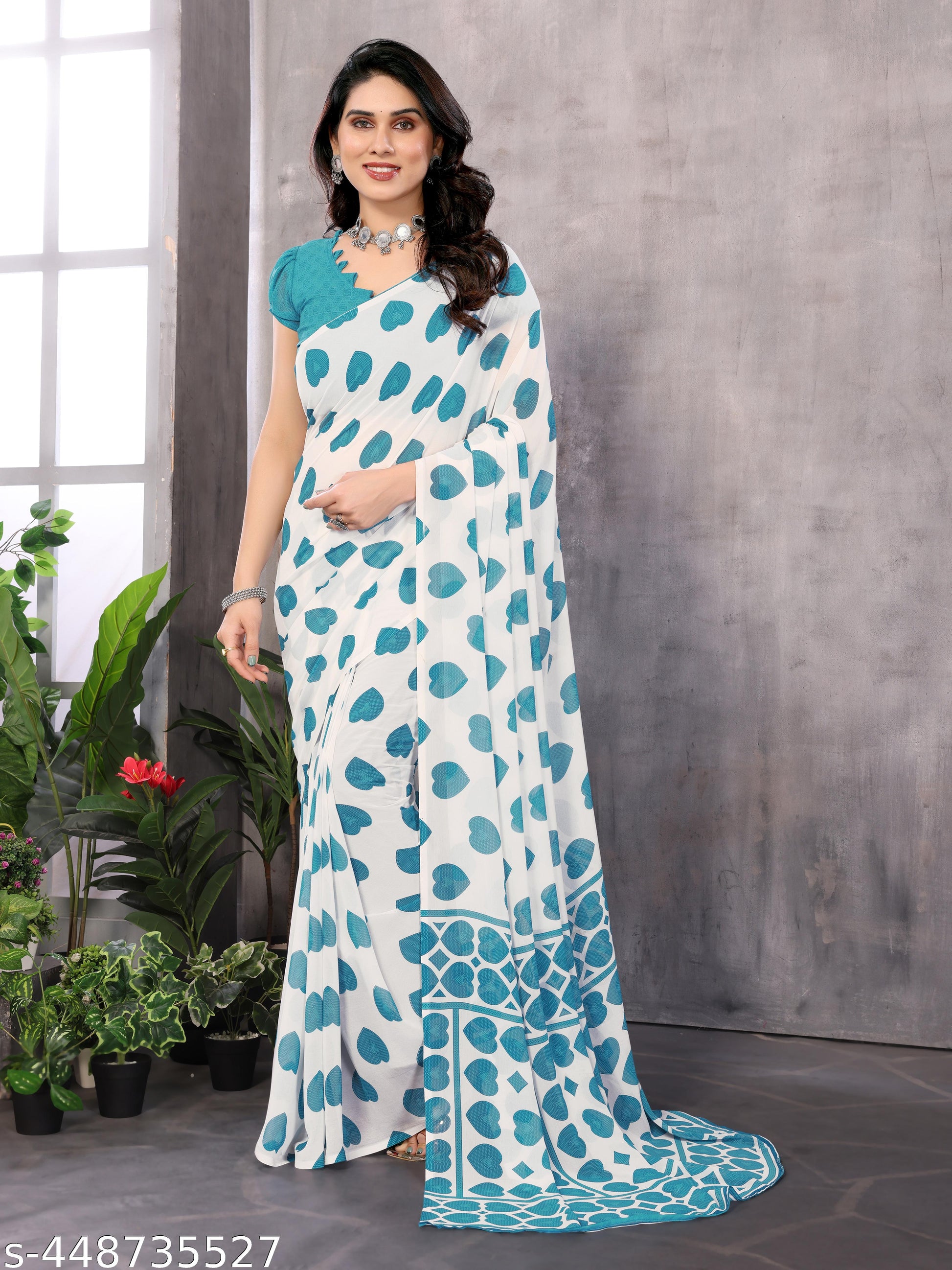 Women's Bollywood Daily Wear Heart Printed Pure Georgettete Saree, New Collection - Unixkart - View 4