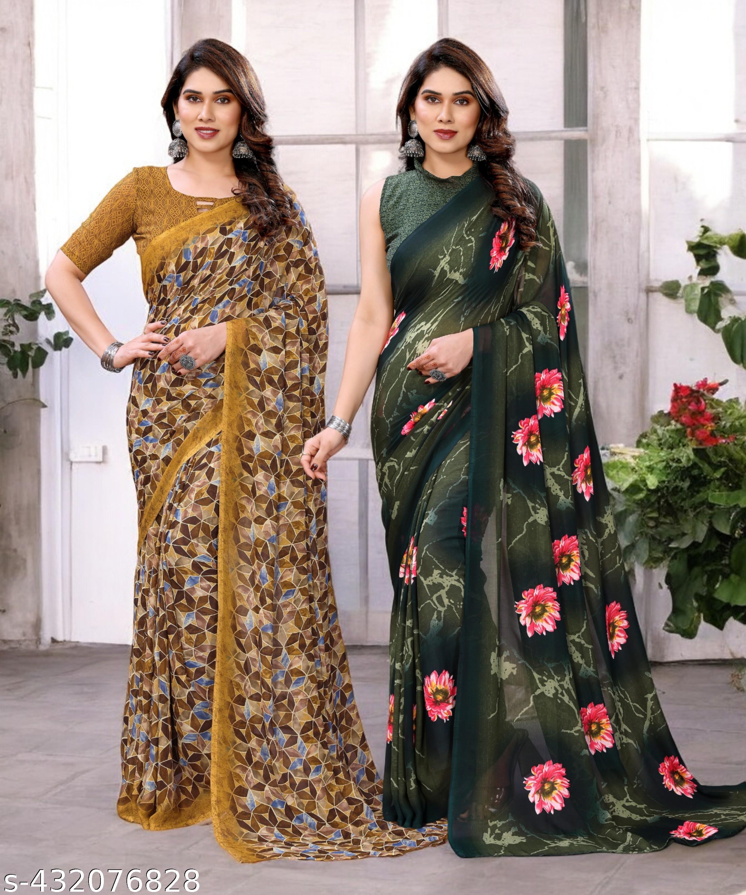 Combo Saree, Daily Wear Georgettete Sarees with Blouse Piece (Pack of 2) - Unixkart - View 4