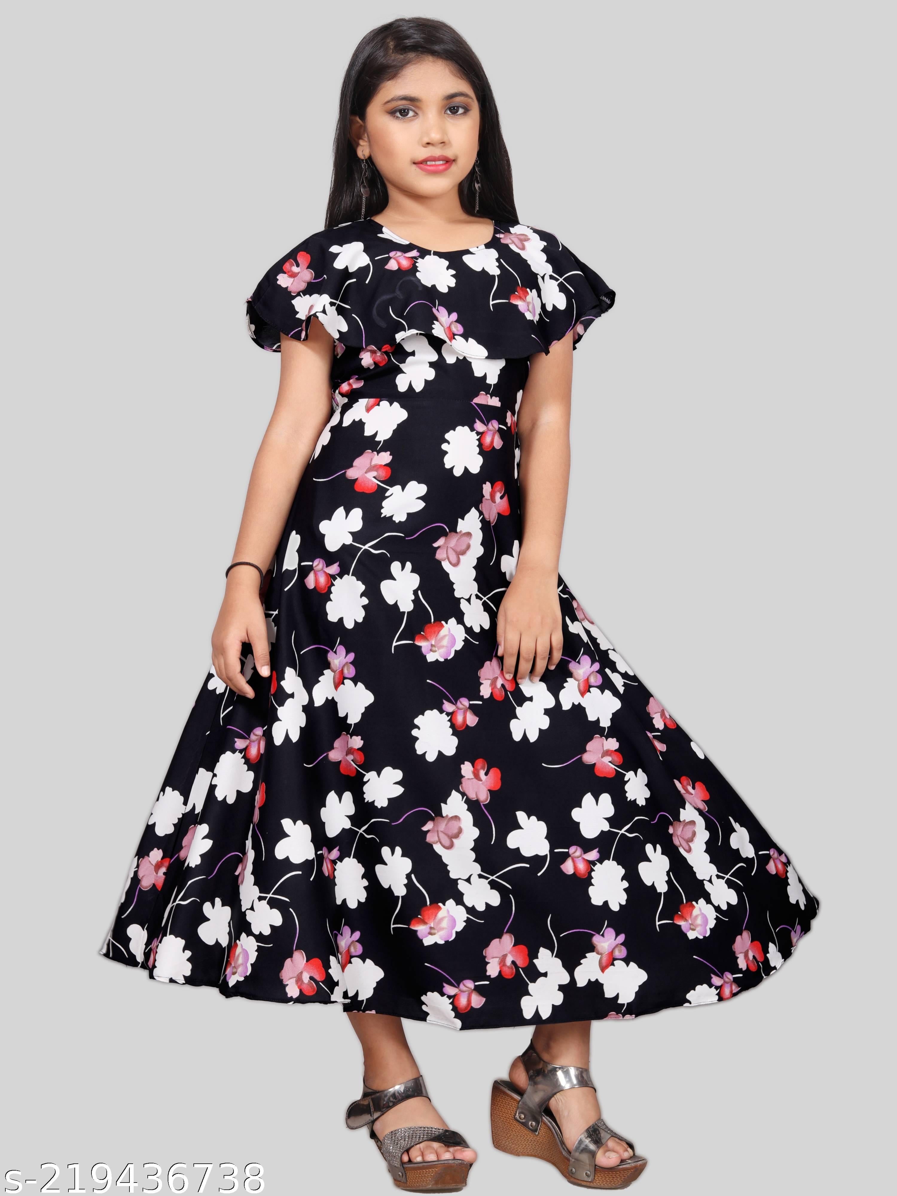 Girls White & Black Floral Print Maxi Dress - Unixkart - View 4