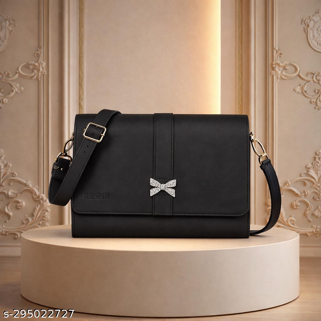Black Sling Bag Handmade Vegan PU Leather Women's Sling Bags With Shoulder Strap & 3 pockets - Unixkart - View 4