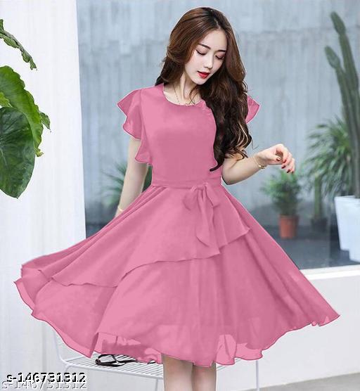 Women's Peach A-Line Georgette Dress - Unixkart - View 4