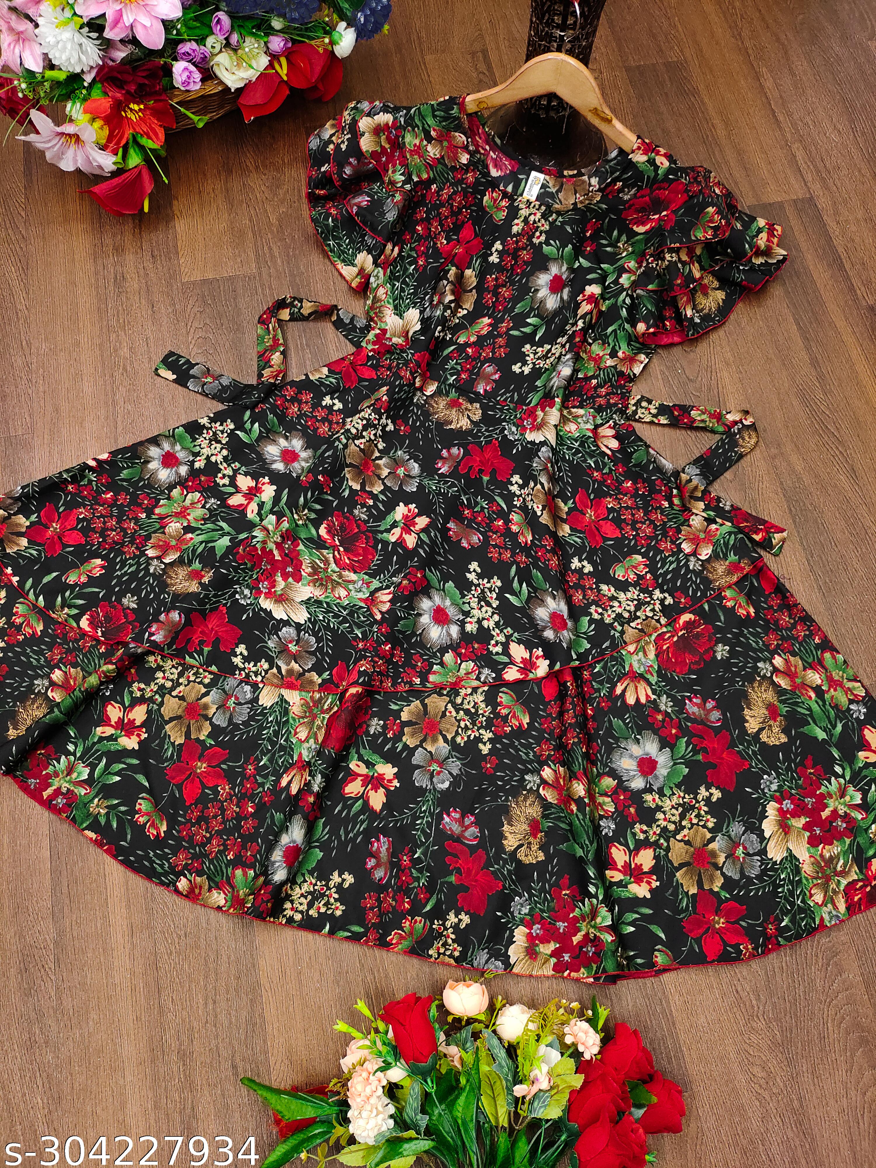 Women's Black & Red Tropical Print Layered Dress - Unixkart - View 4