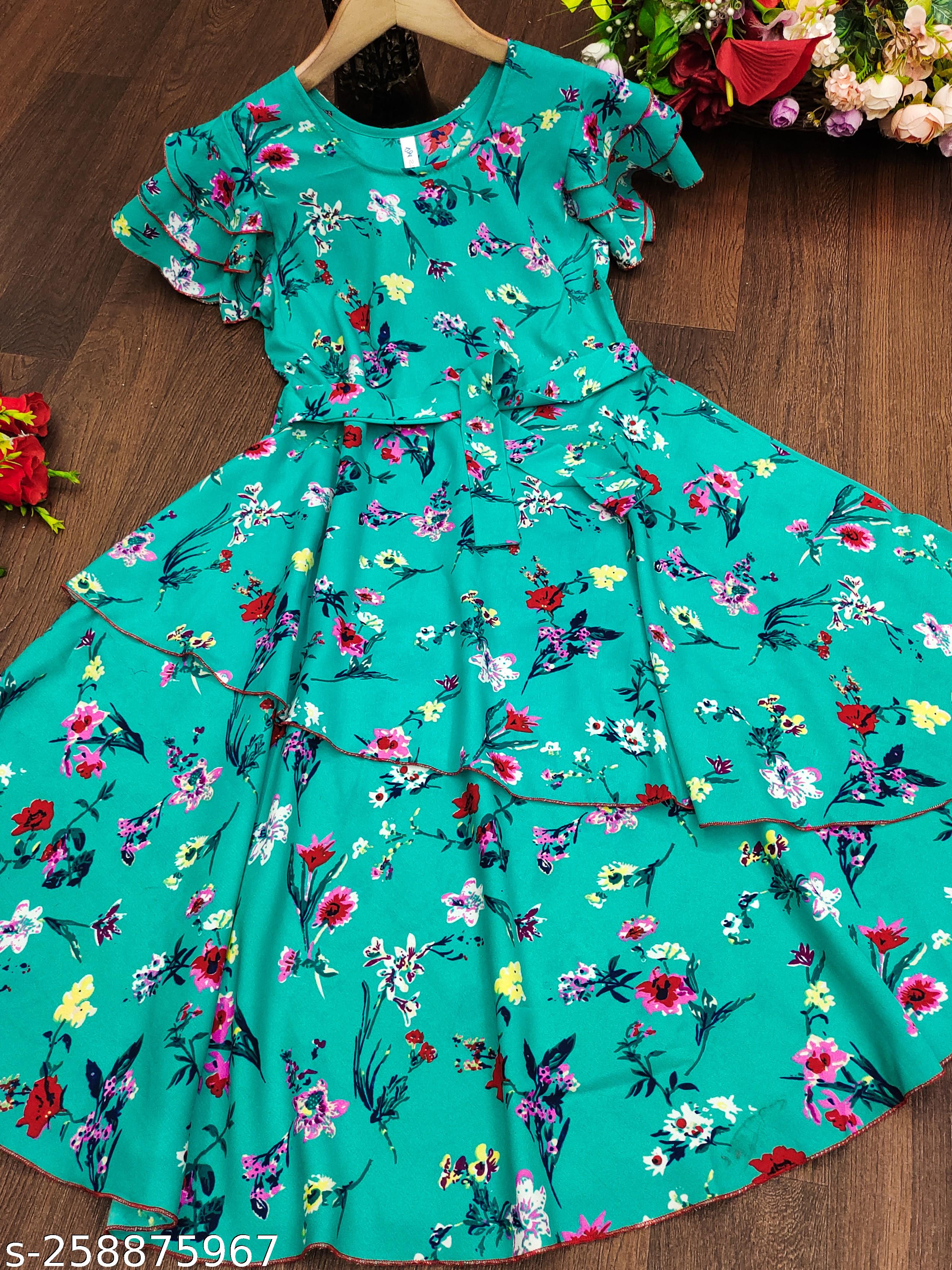 Girls Sea Green & Pink Floral Print Layered Dress - Unixkart - View 4