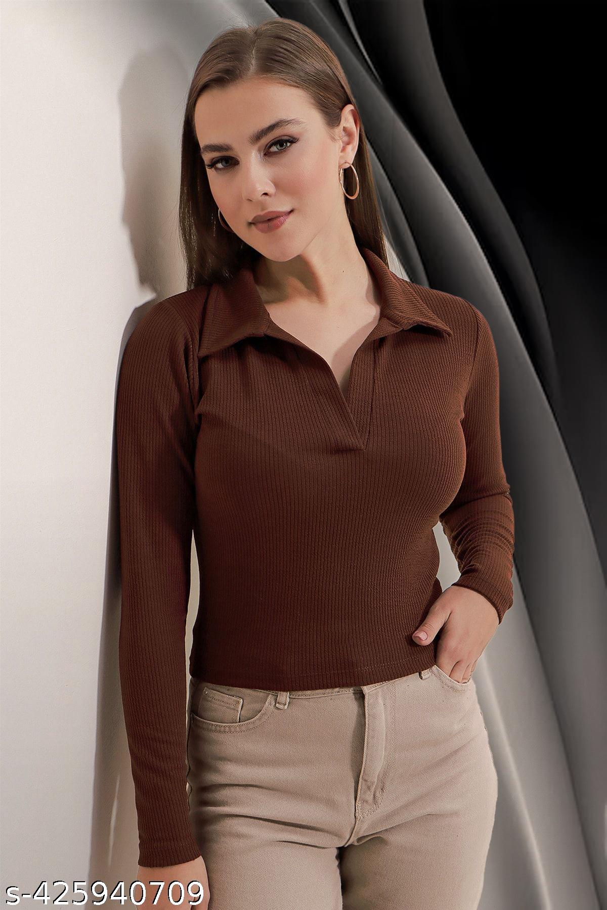 Women's Ribbed V-Neck Long Sleeve Coffee Top - image 4