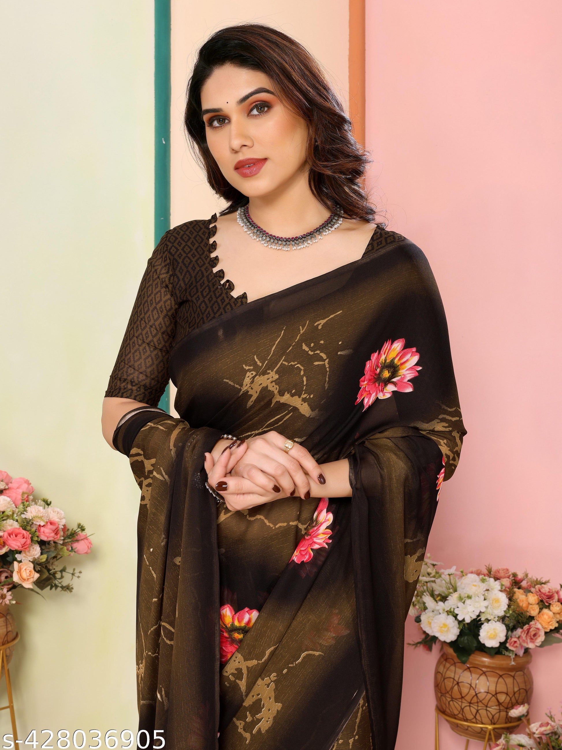 Women's Bollywood Floral Printed Brown Georgettete Saree - Unixkart - View 4