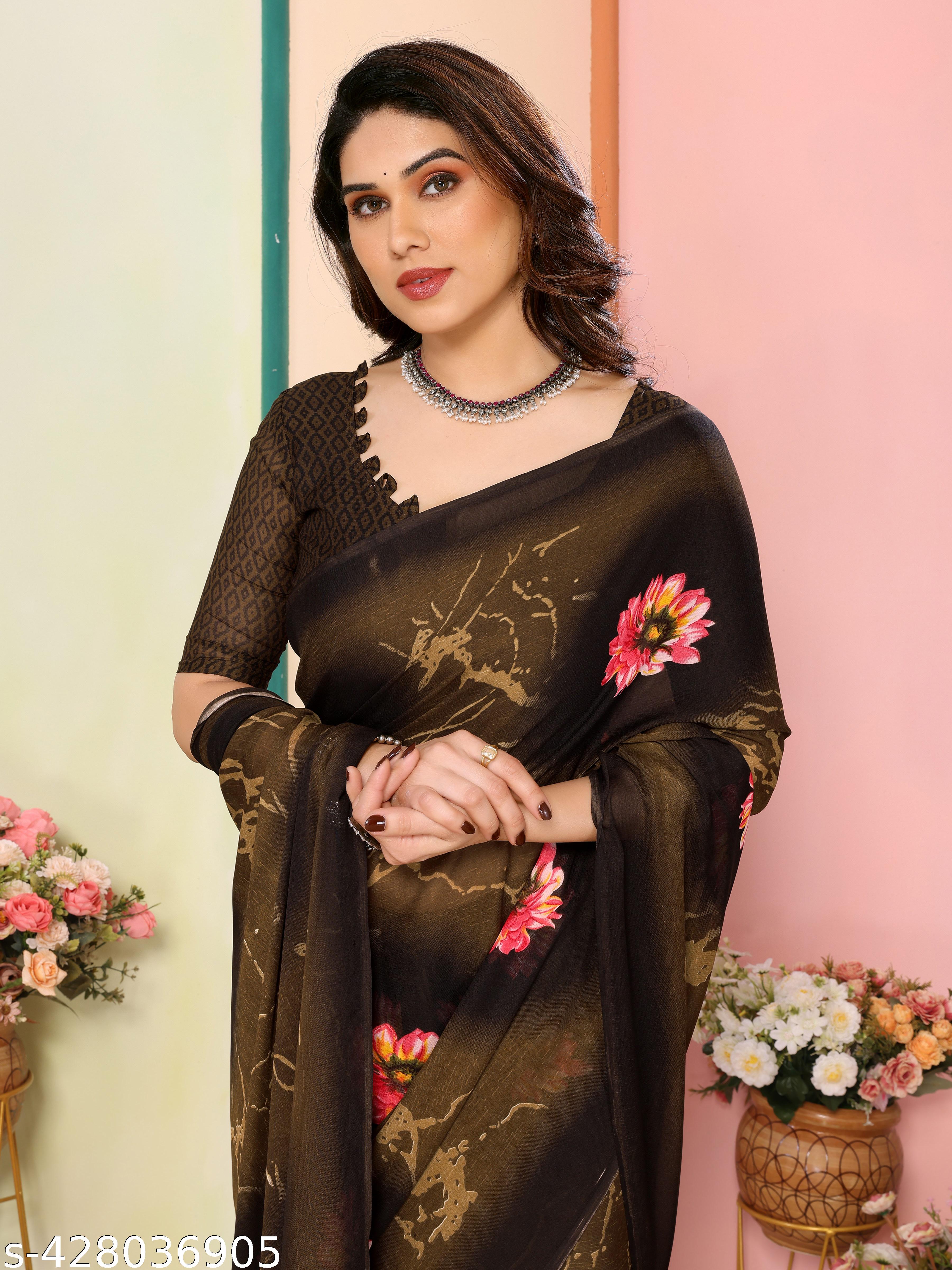 Women's Bollywood Floral Printed Brown Georgettete Saree - Unixkart