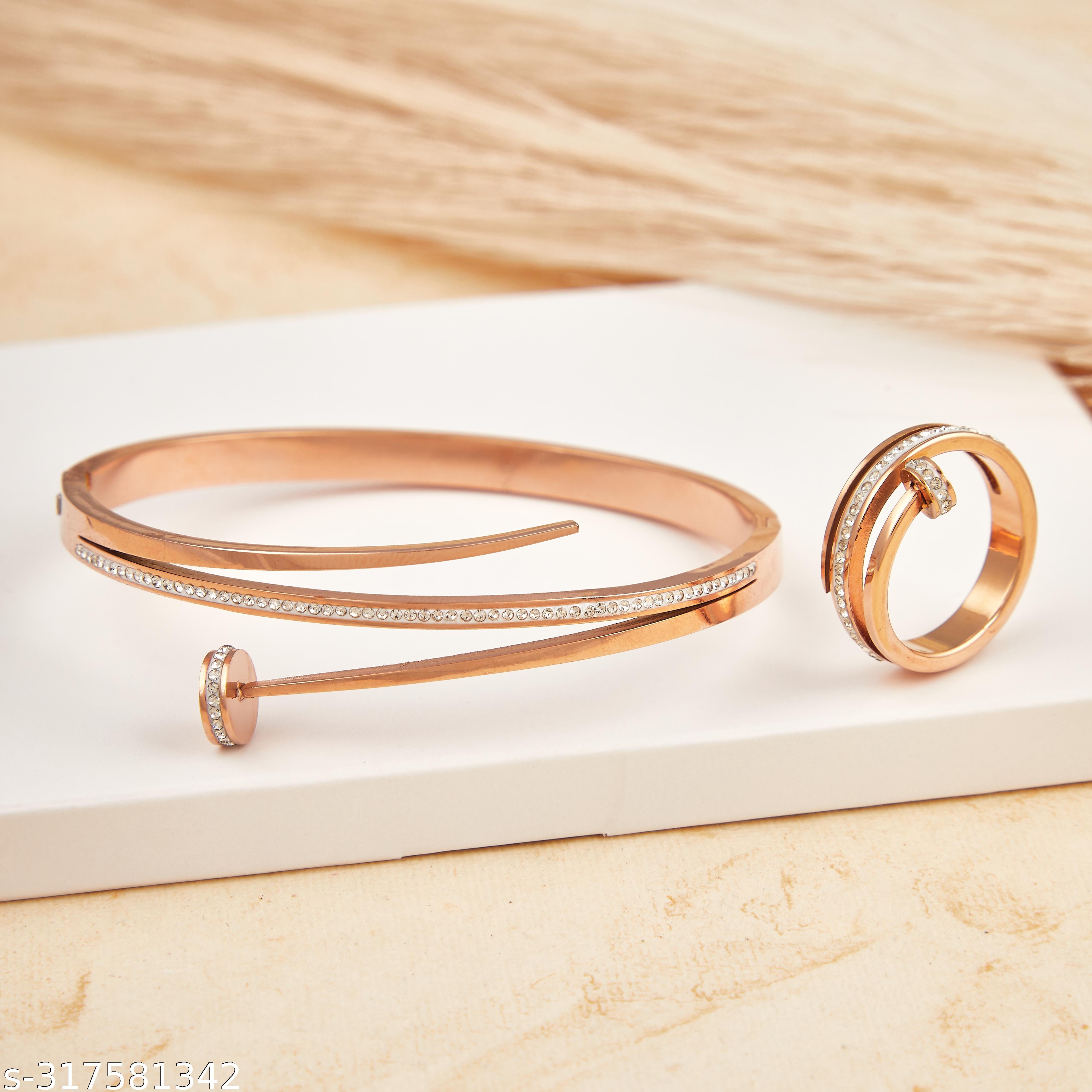 Rose Gold-Plated Adjustable Bracelet and Ring Combo for Women and Girls - Unixkart - View 4