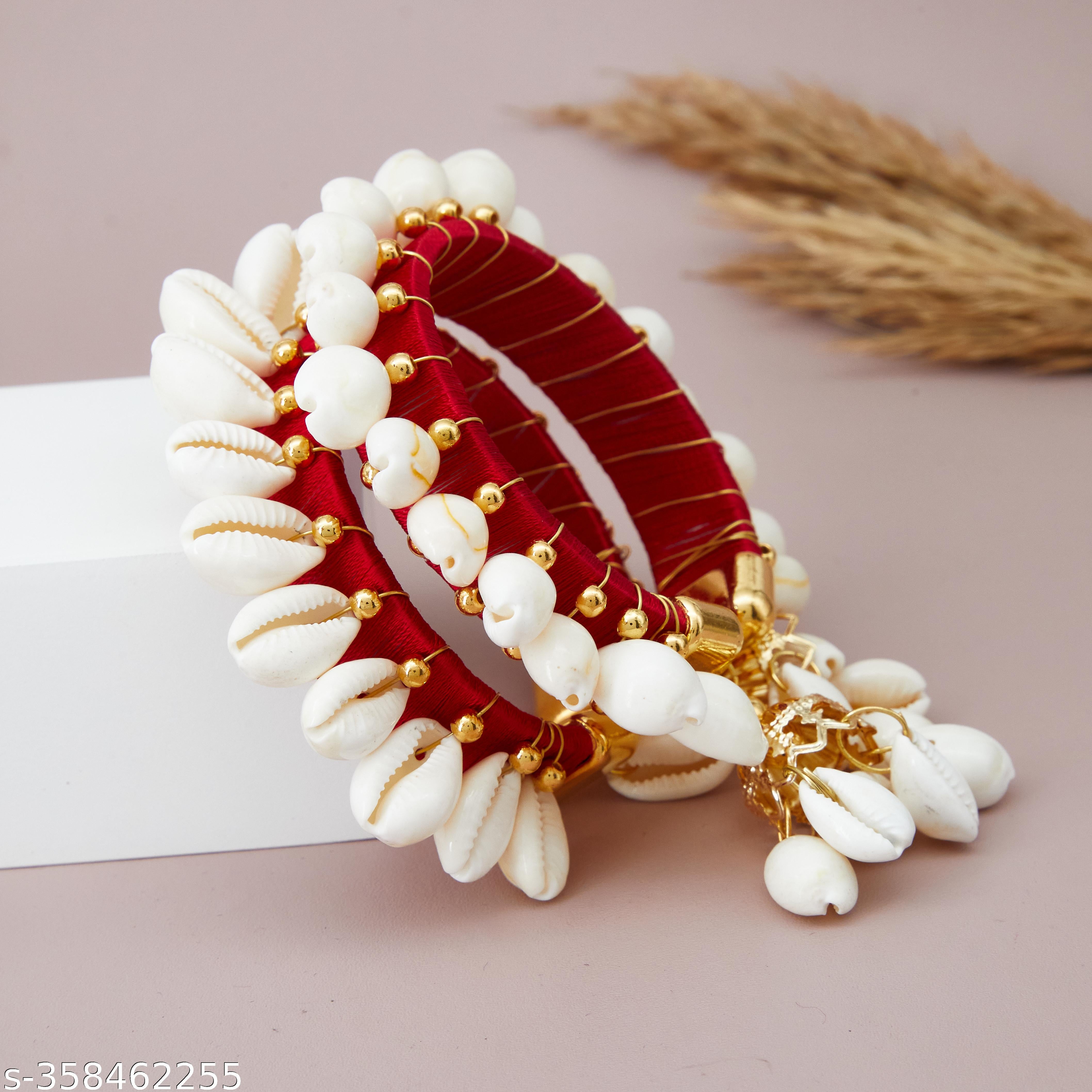 Traditional Red Thread Wrapped Bangle Set with White Cowrie Shell Charms and Golden Beads - Unixkart - View 4