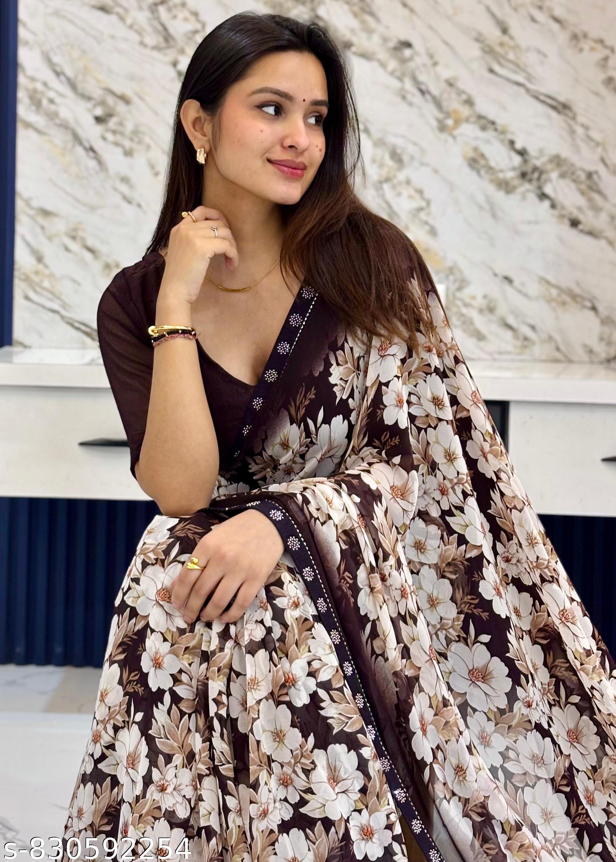 Georgette Printed Saree with Lace Border - Unixkart - View 4