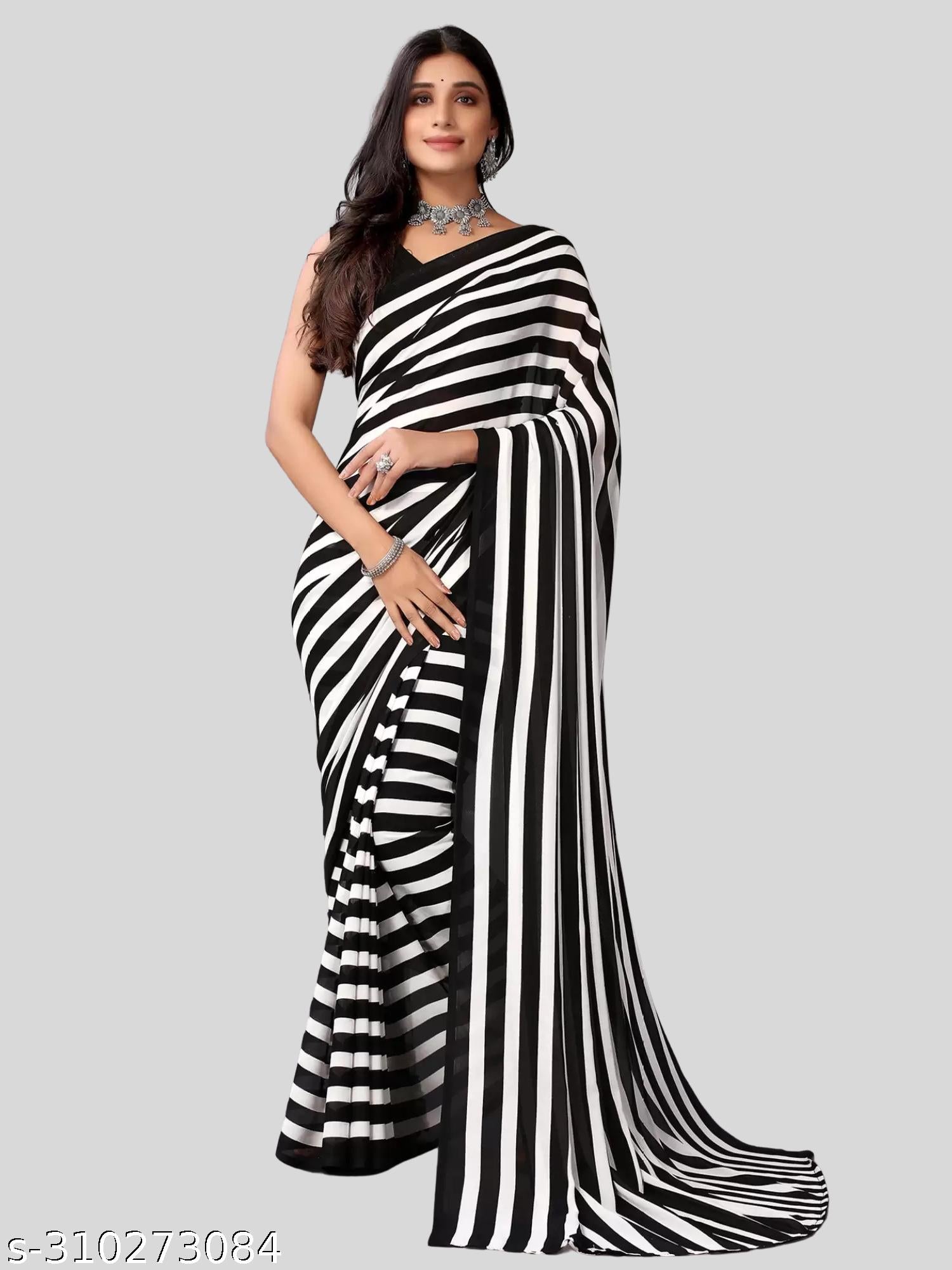 Women's Zebra Printed Geogette Saree With Lace - Unixkart - View 4