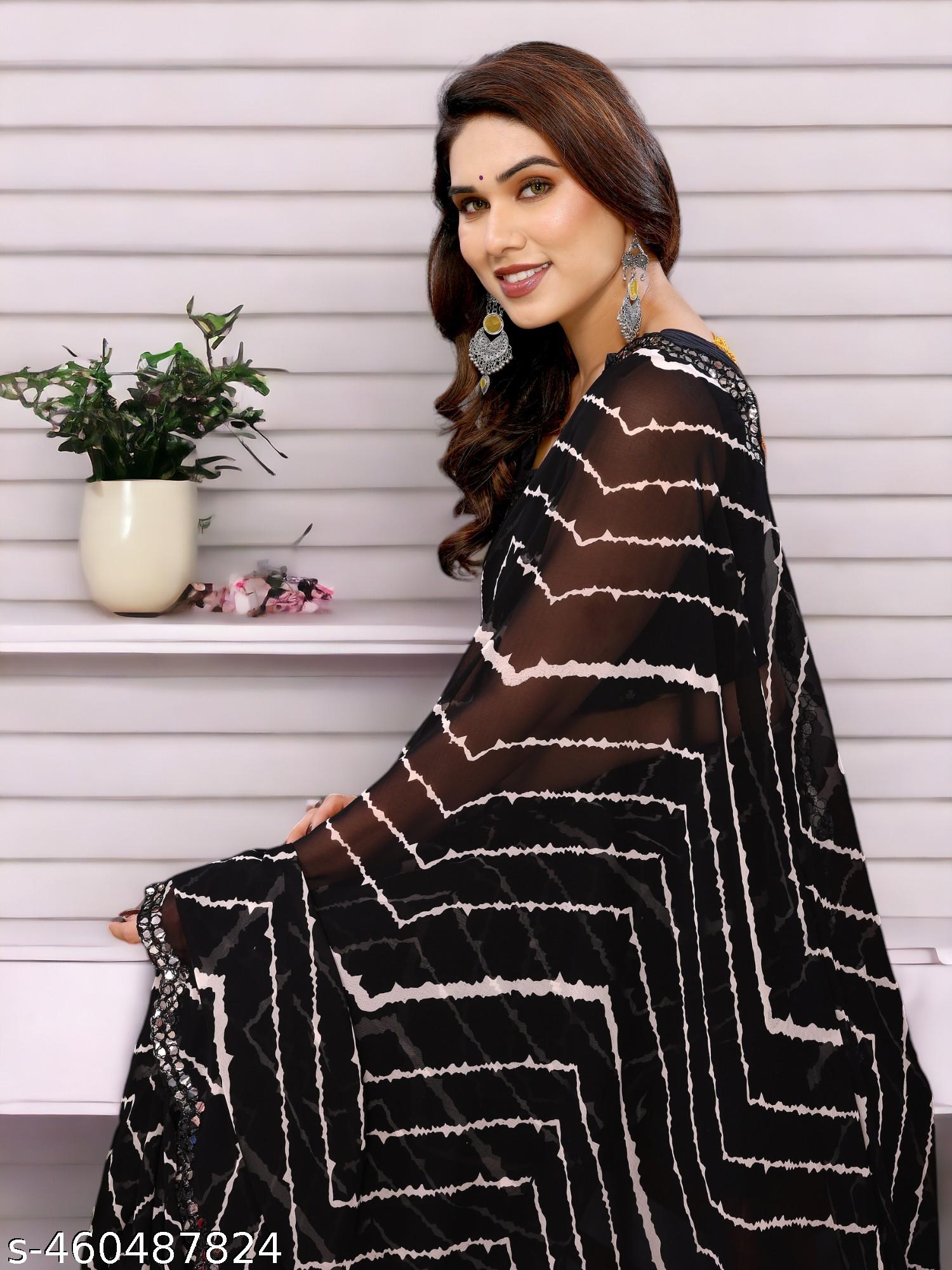 Women's Bollywood Party Wear Leheriya Printed Georgettete Saree With Mirror Lace Border, New Collect - Unixkart