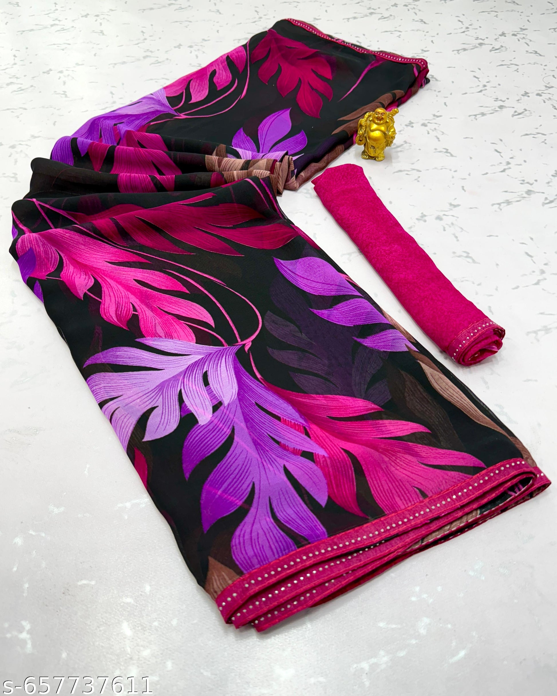 Pink Weightless Printed Georgette Party Saree - Unixkart - View 4
