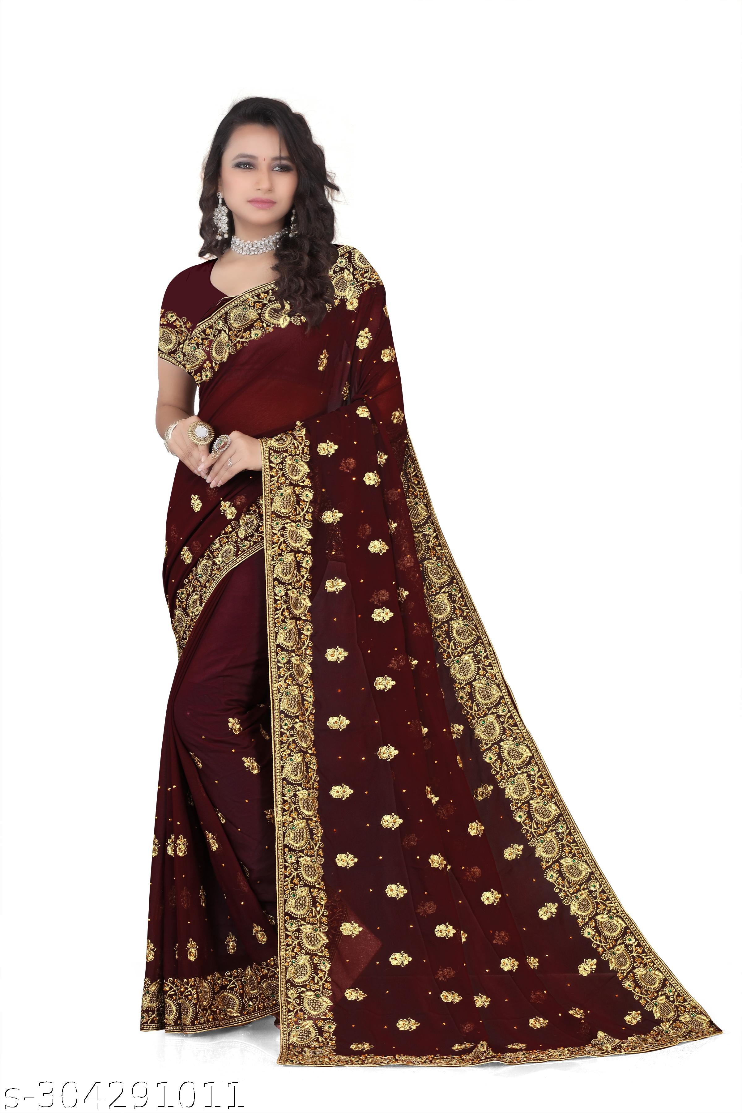 Heavy Embroidery Work With Full Diamond Handwork Saree - Unixkart