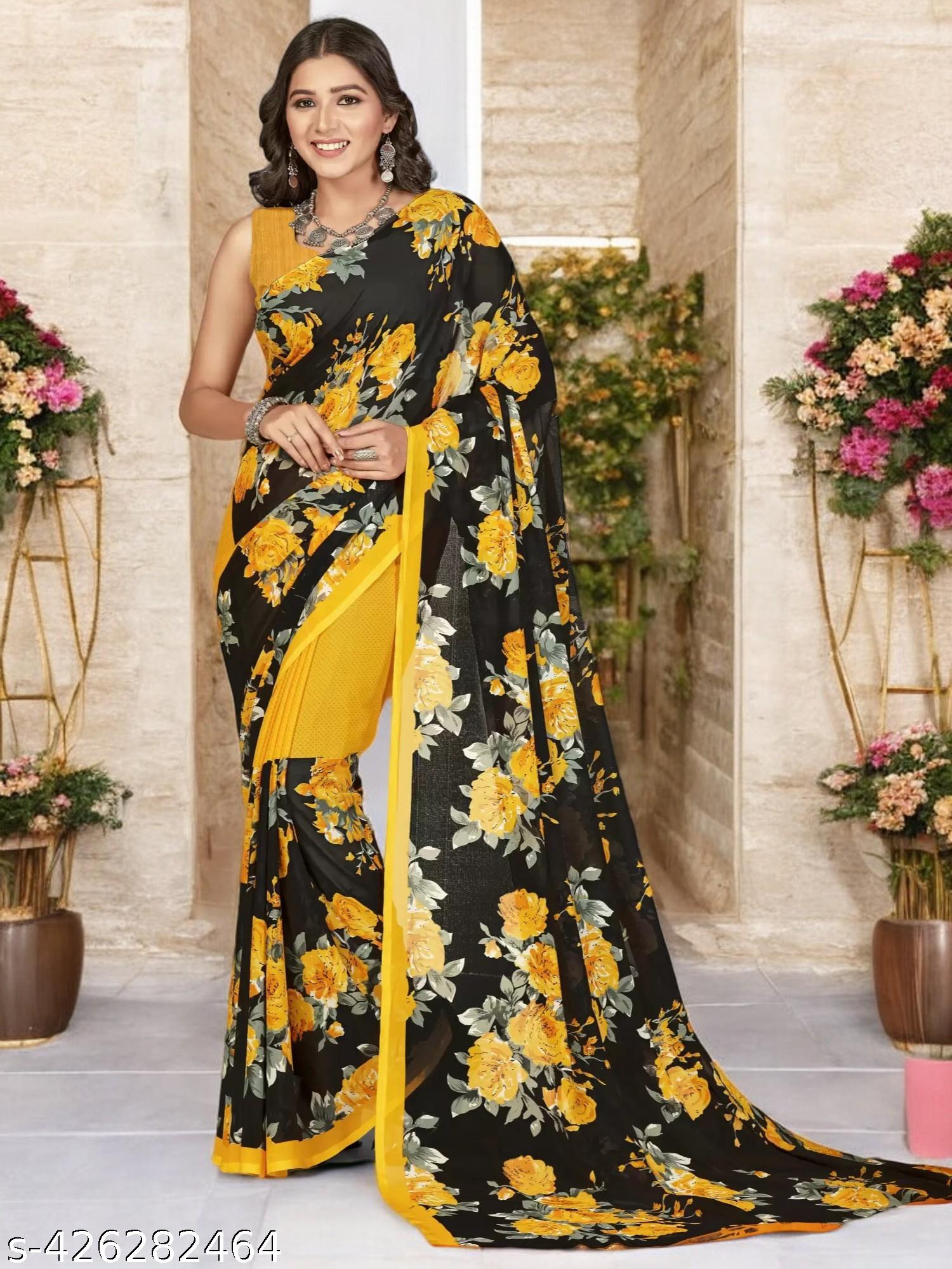 Women's Bollywood Floral Printed Yellow Georgettete Saree - Unixkart - View 4