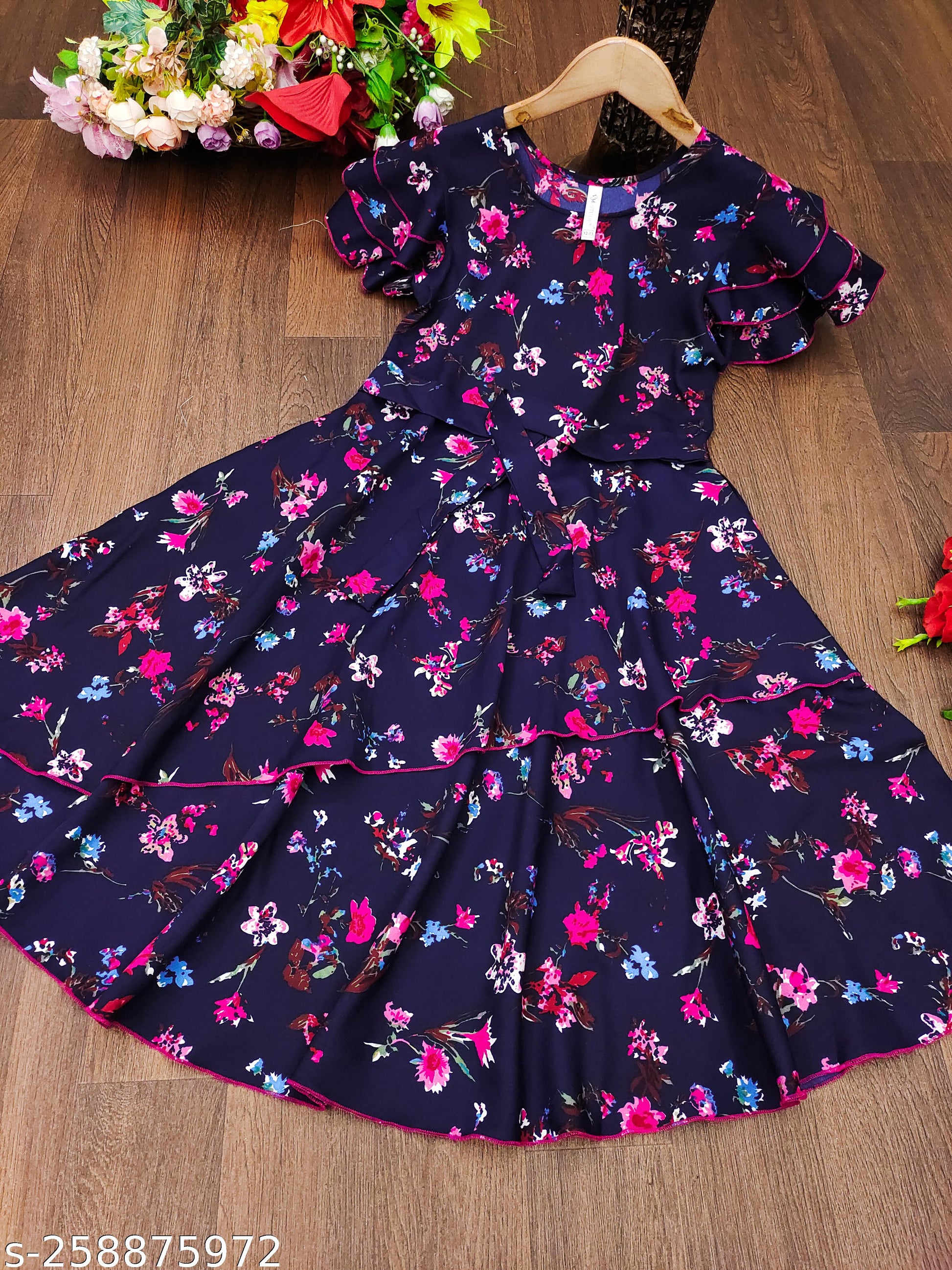 Girls Navy Blue & Pink Floral Print Layered Dress - Unixkart - View 4
