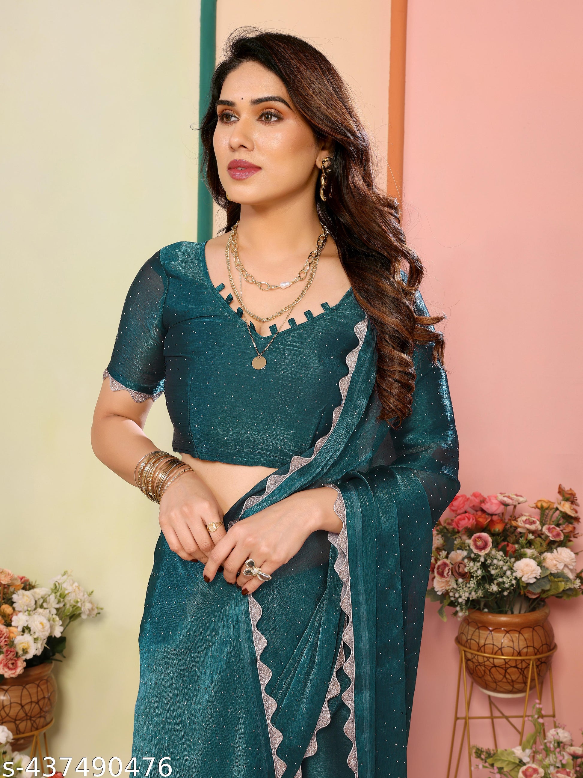 Women's Trending Party Wear, Wedding Wear Two-tone Jimmy chu Bollywood Saree With Fancy Lace Border - Unixkart - View 4