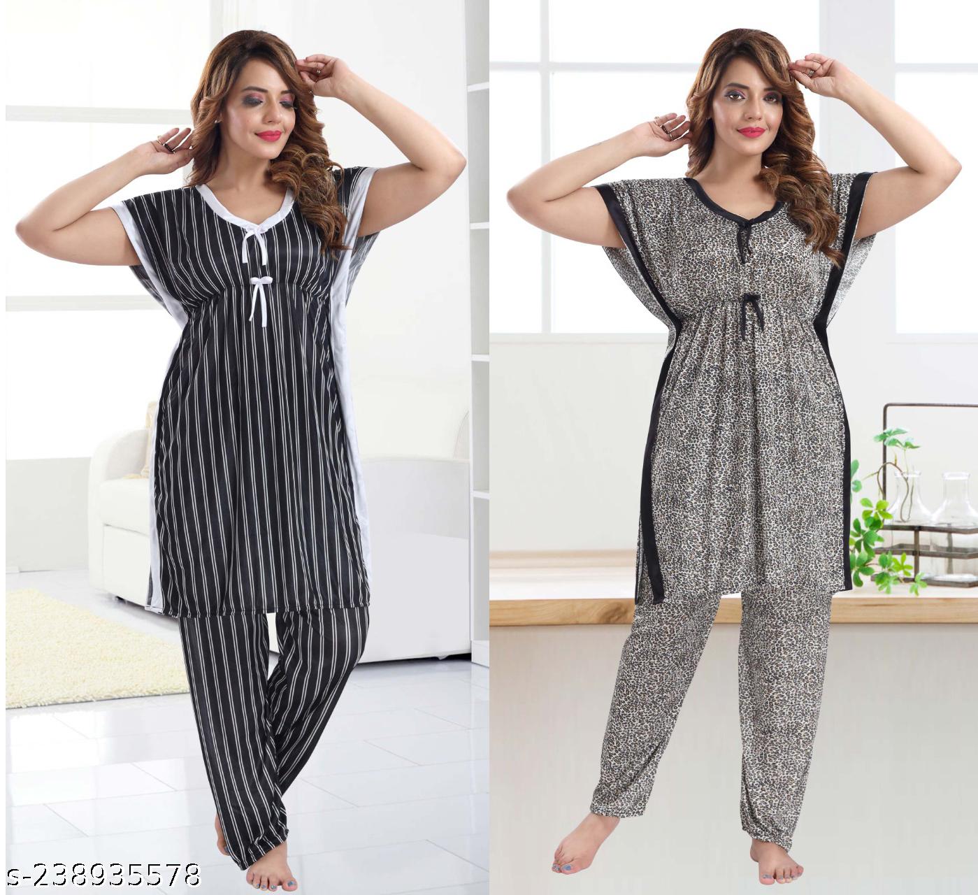 Color Magic Satin Knee Length Night Suit - Combo Pack Of 2 - Stripe Black & Cheeta - View 4 - Juliate
