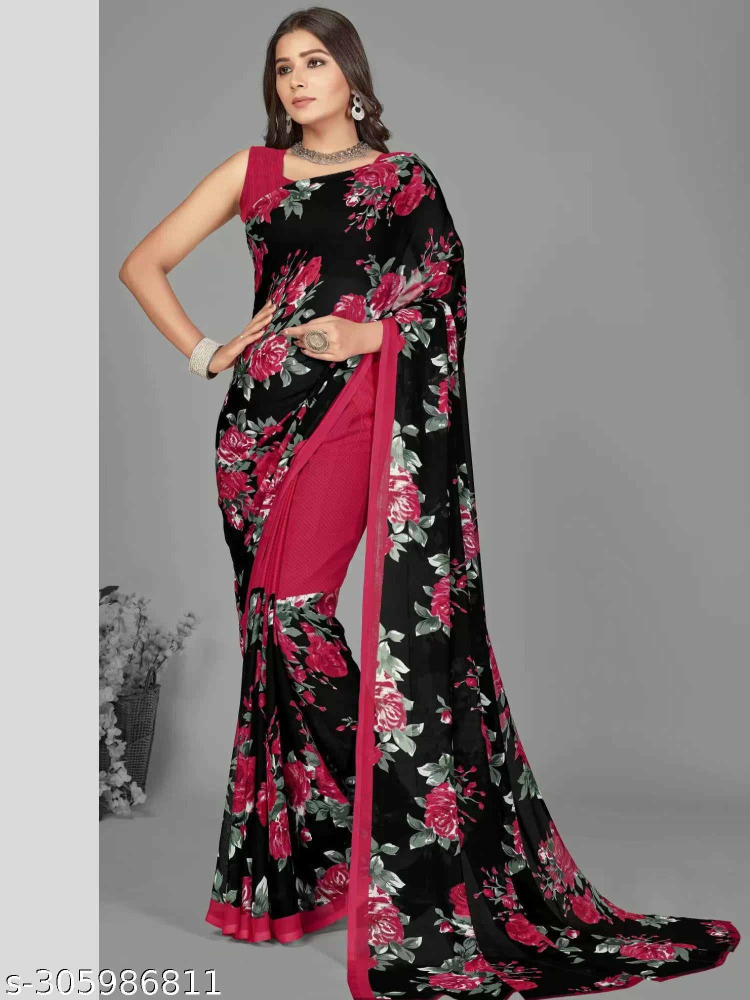 Women's Floral Printed Georgettete Saree - Unixkart - View 4