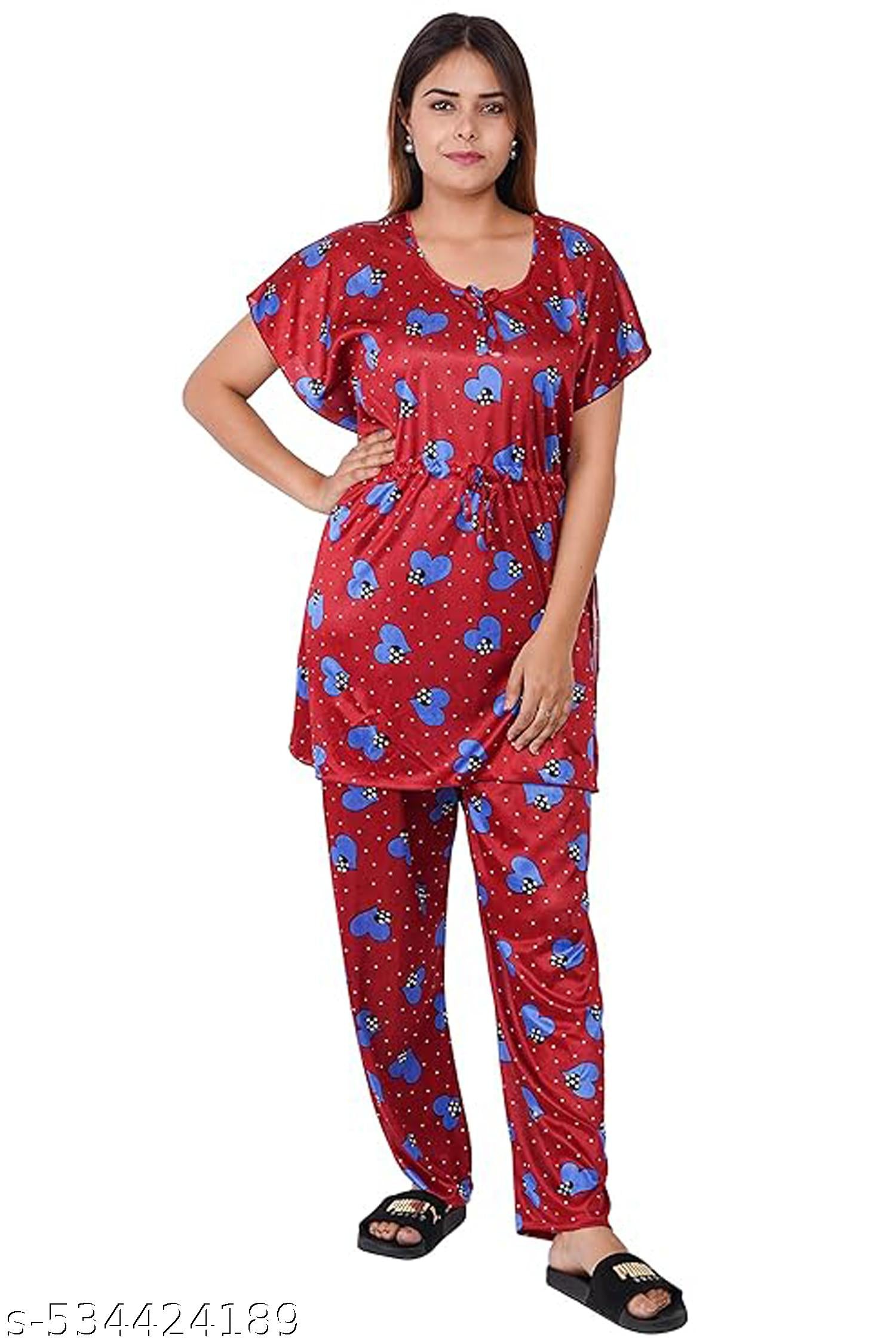 Color Magic Satin Kaftan Night Suit - Dot Dil Print Top Pyjama Set - Maroon - View 4 - Juliate
