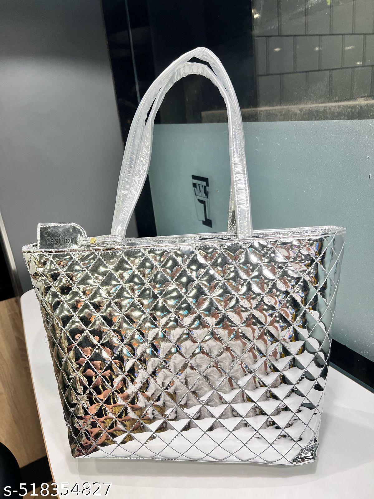 Metallic White Quilted Tote Bag, Pattern, Large Shoulder Handbag - Image 4
